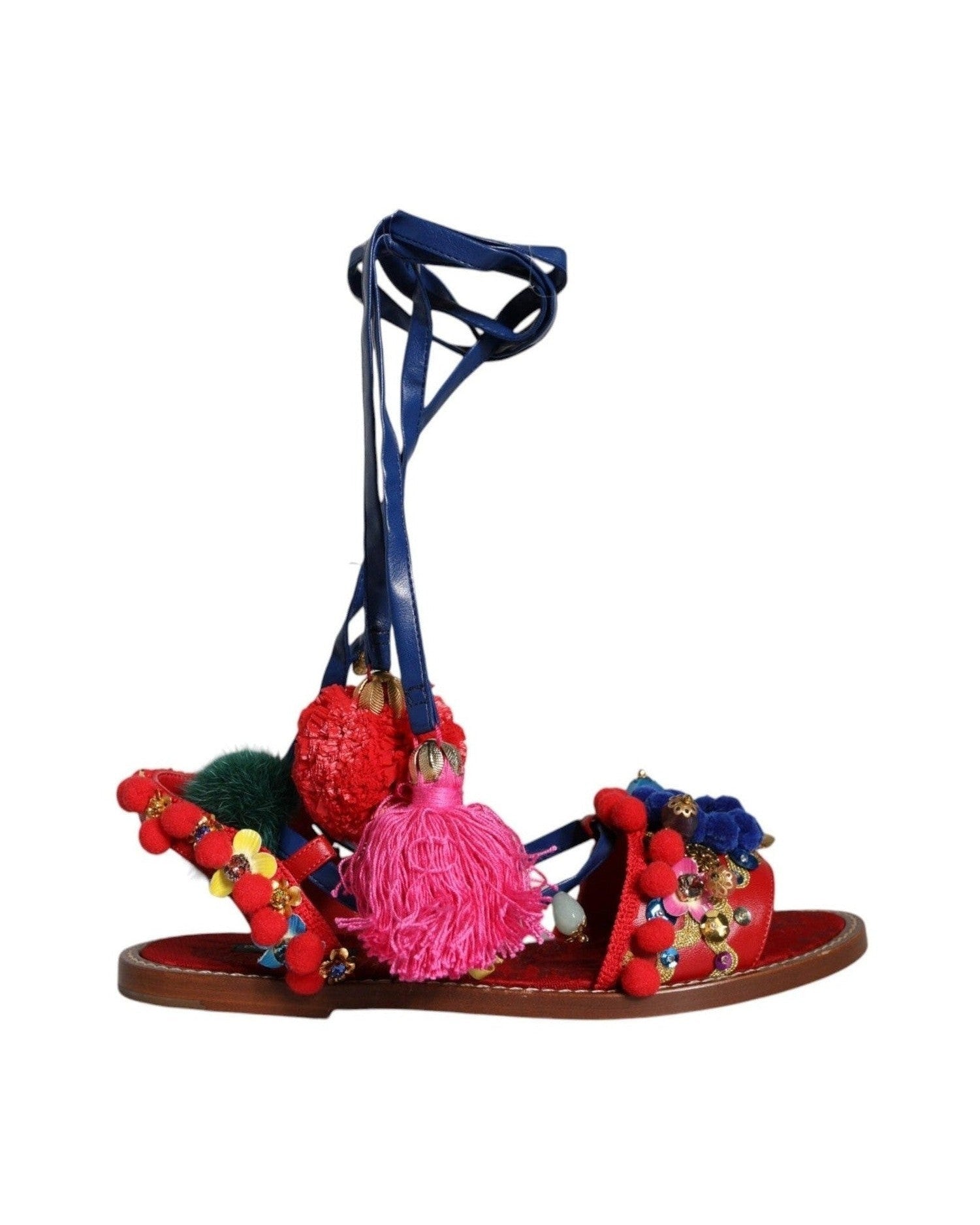 Dolce & Gabbana Multicolor Pom Pom Fur Wrap Sandals Shoes Glam Steals