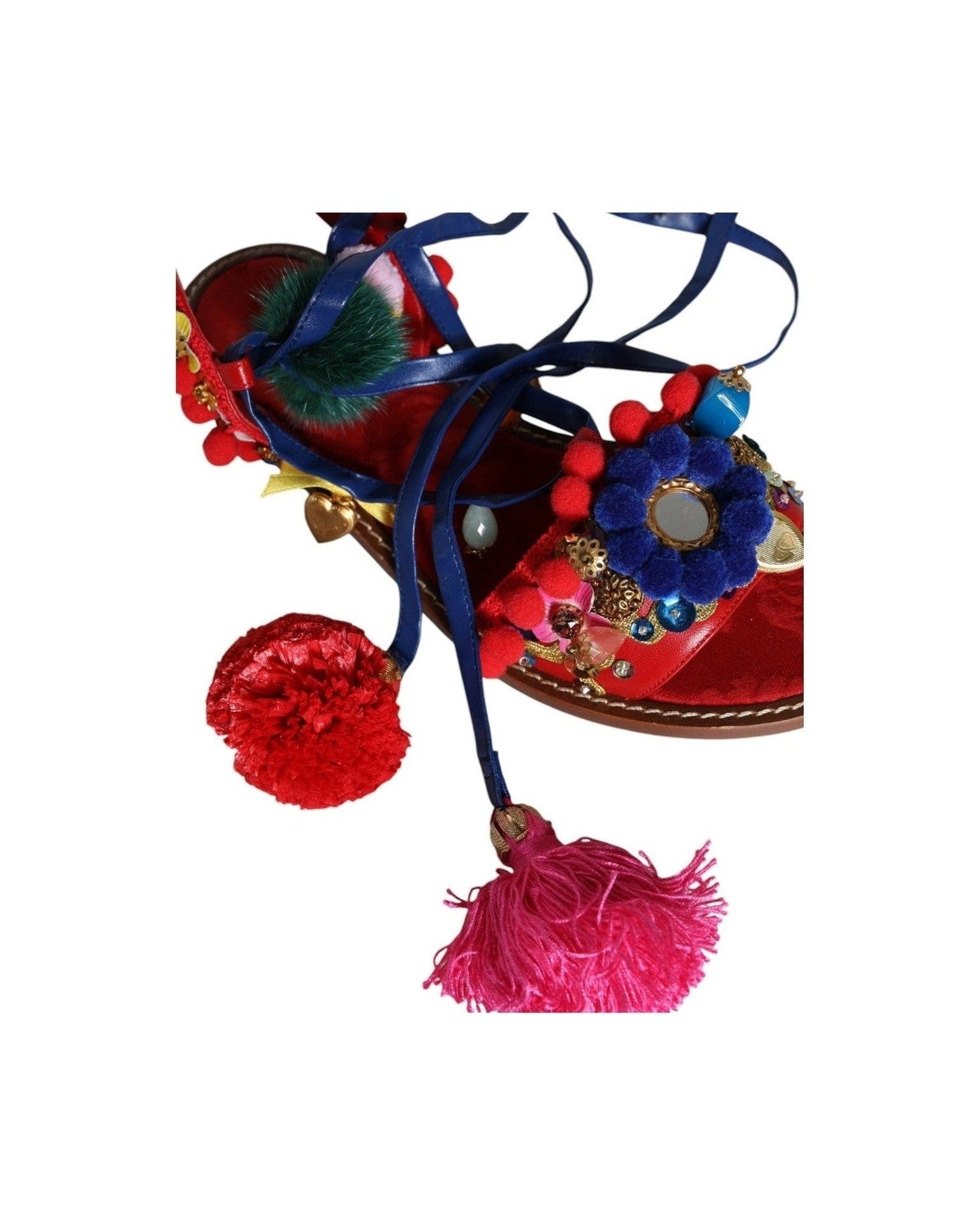 Dolce & Gabbana Multicolor Pom Pom Fur Wrap Sandals Shoes Glam Steals