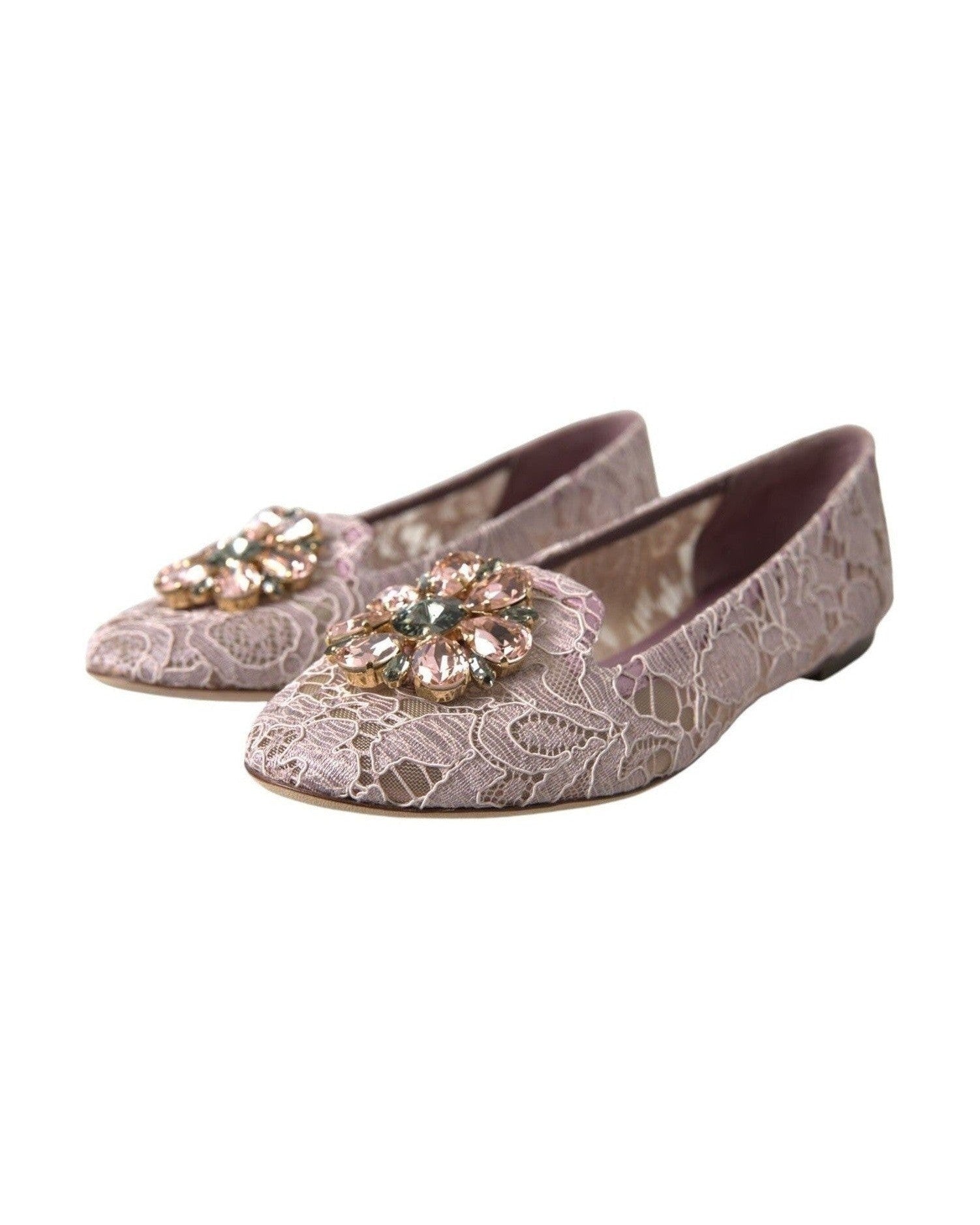 Dolce & Gabbana Pink Lace Crystal Ballet Flats Loafers Shoes Flats