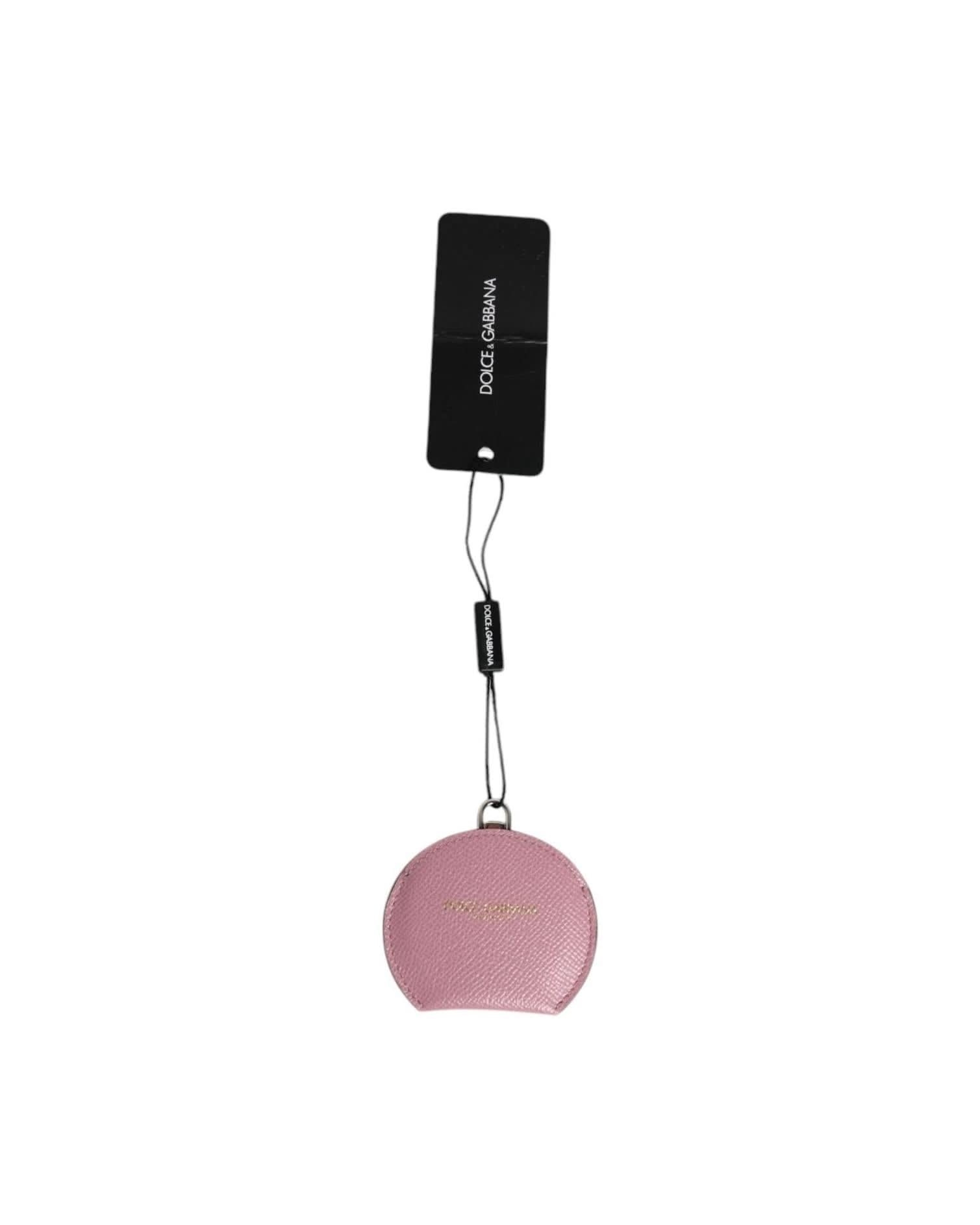 Dolce & Gabbana Pink Leather Calfskin Round Logo Hand Mirror Holder Face Mirrors