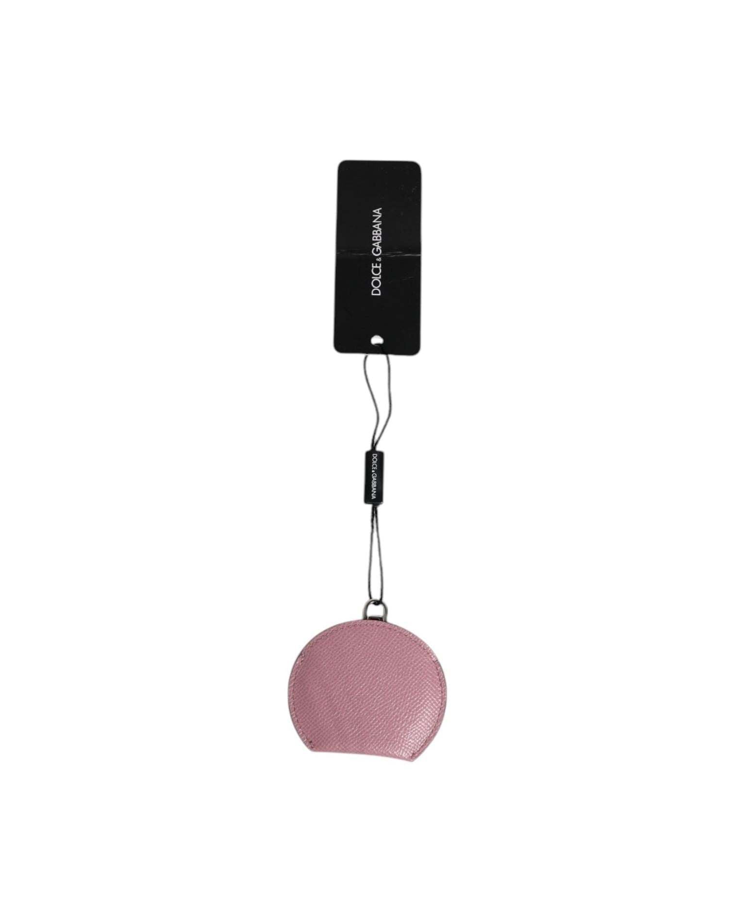 Dolce & Gabbana Pink Leather Calfskin Round Logo Hand Mirror Holder Face Mirrors