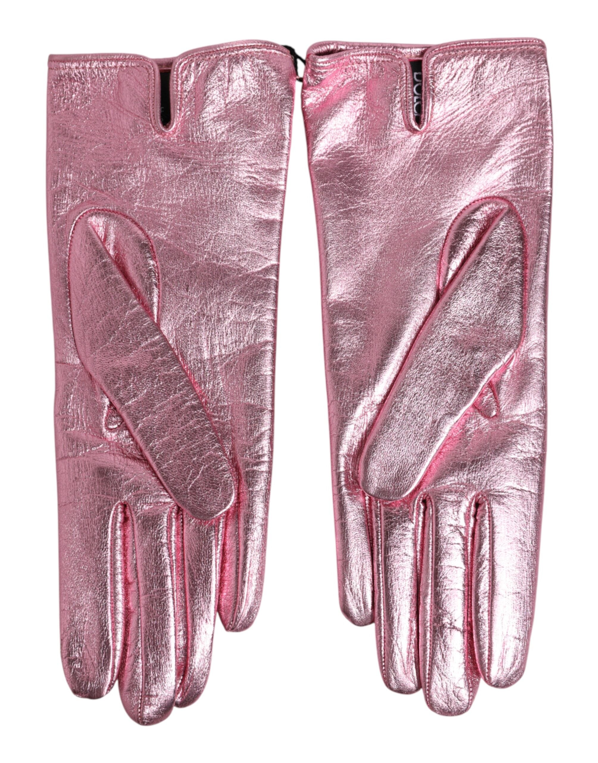 Dolce & Gabbana Pink Leather Dg Logo Wrist Length Mitten Gloves Glam Steals