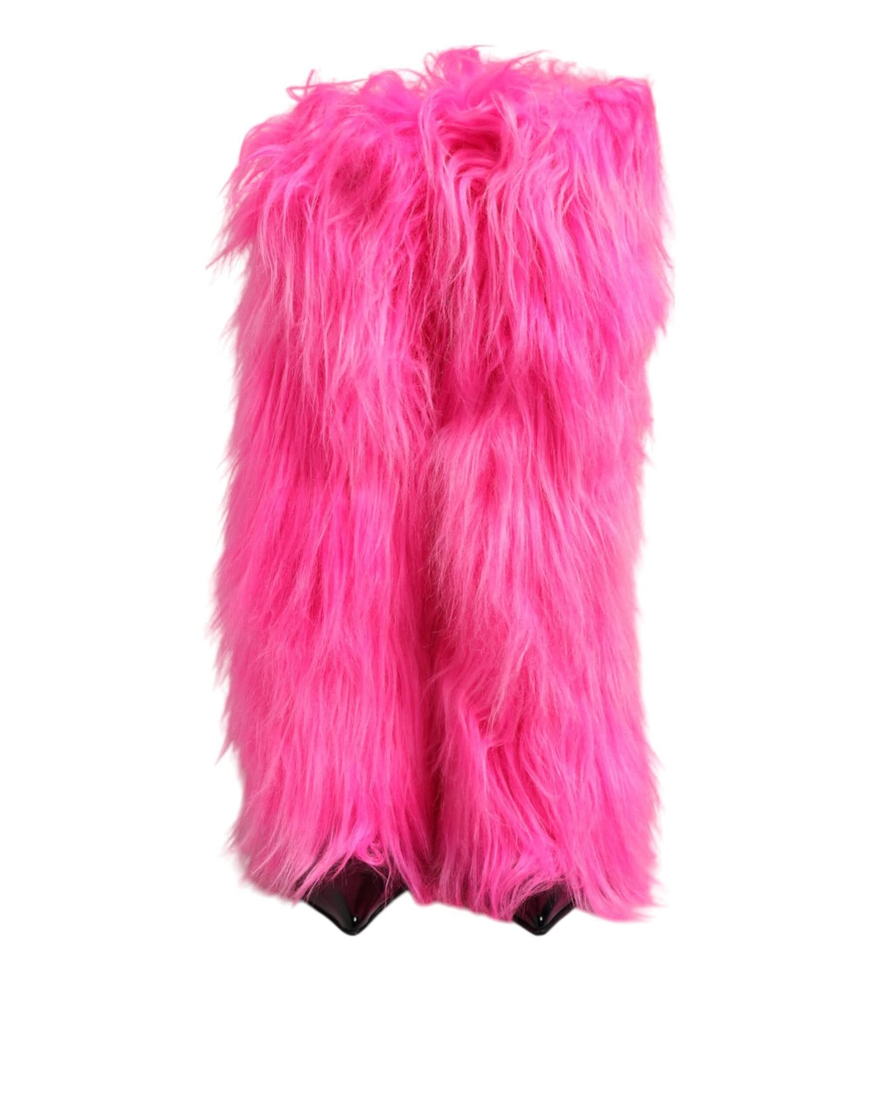 Dolce & Gabbana Pink Leather Faux Fur High Heels Boots Shoes