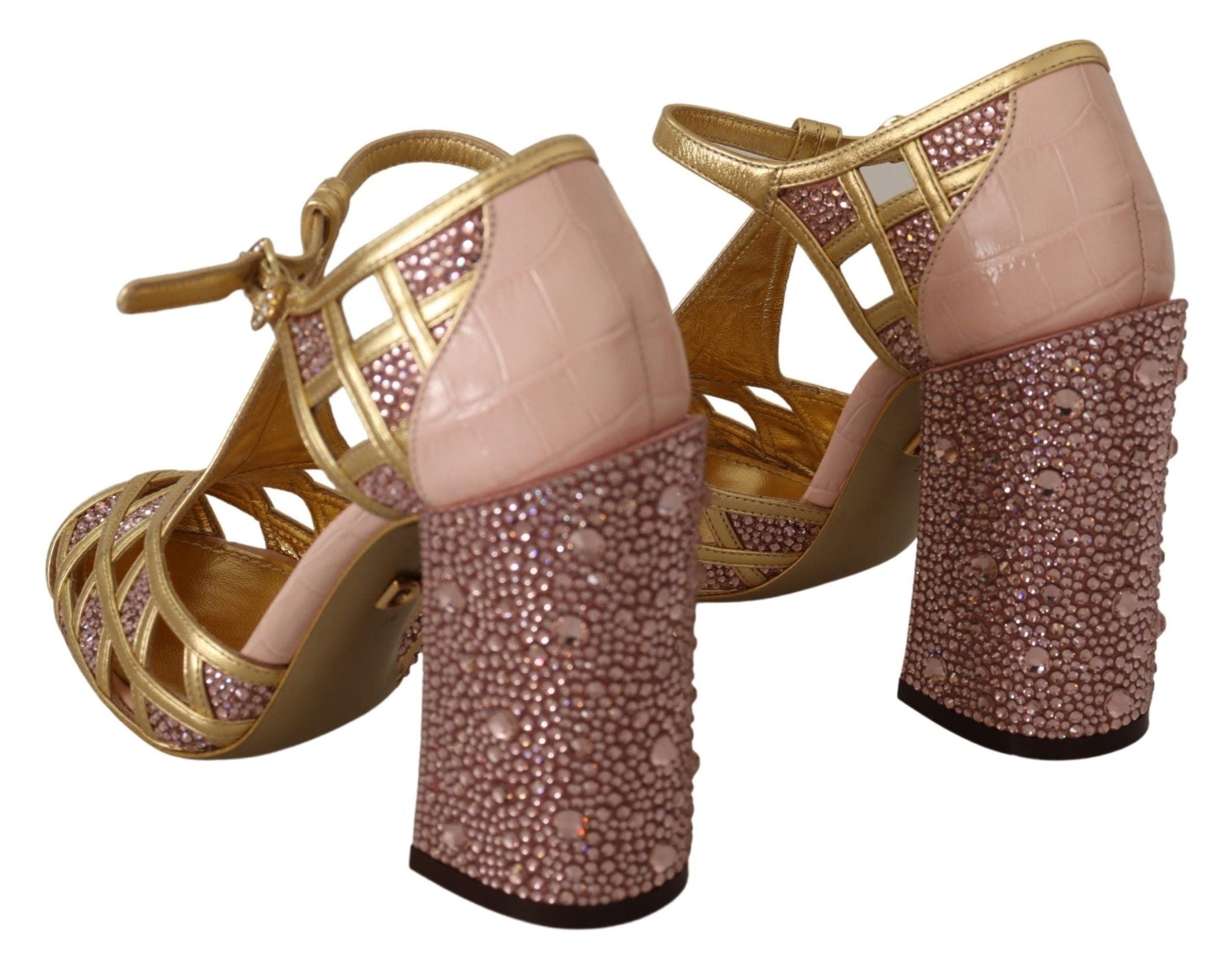 Dolce & Gabbana Pink Leather Gold Crystal Pumps T Strap Shoes Heels