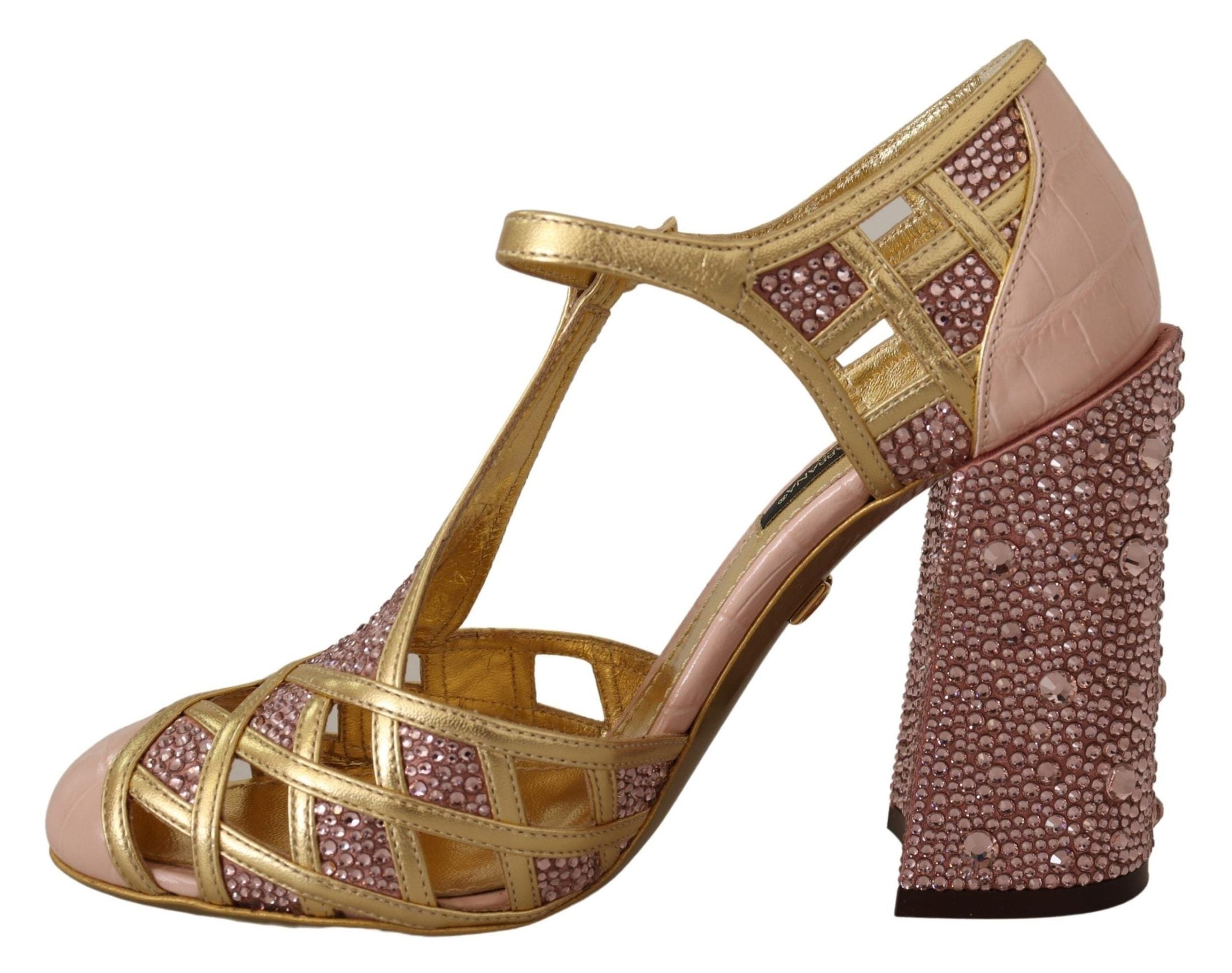 Dolce & Gabbana Pink Leather Gold Crystal Pumps T Strap Shoes Heels