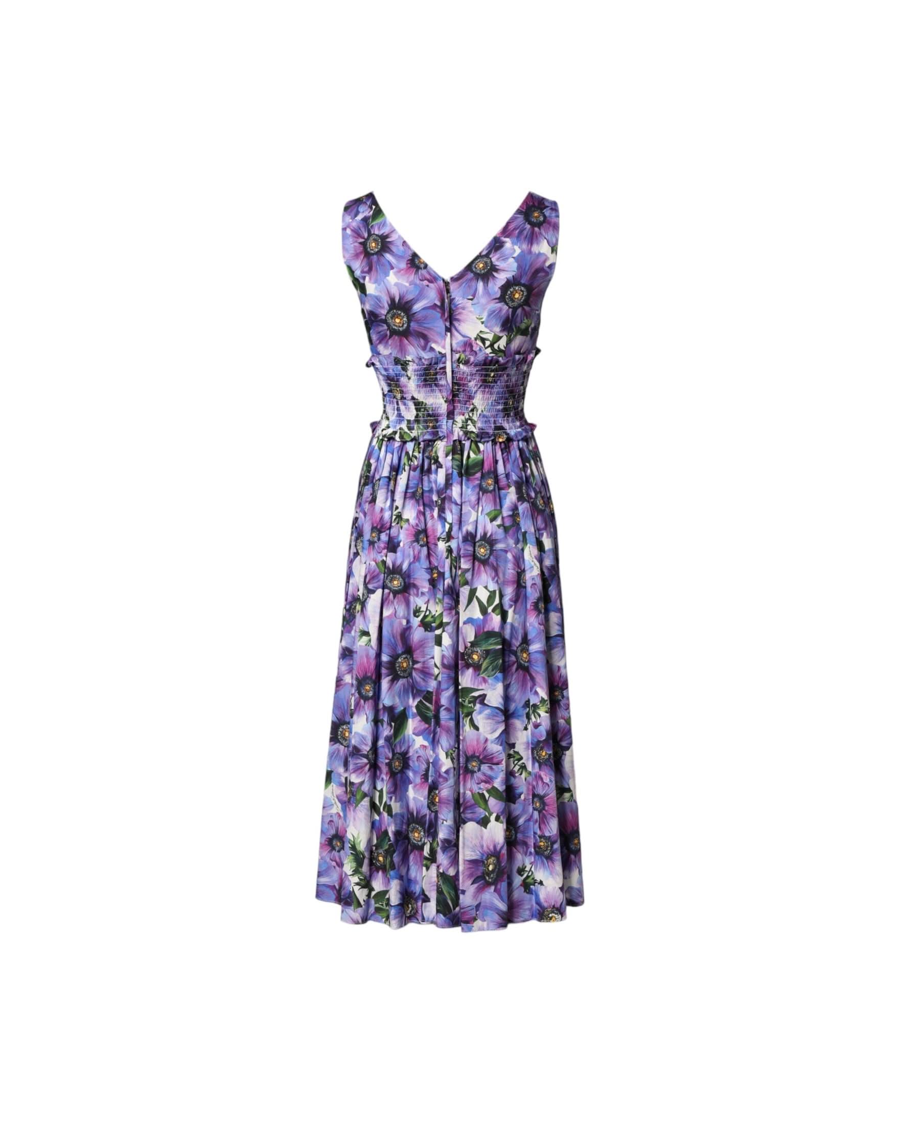 Dolce & Gabbana Purple Anemone Print Pleated Midi Dress Dresses