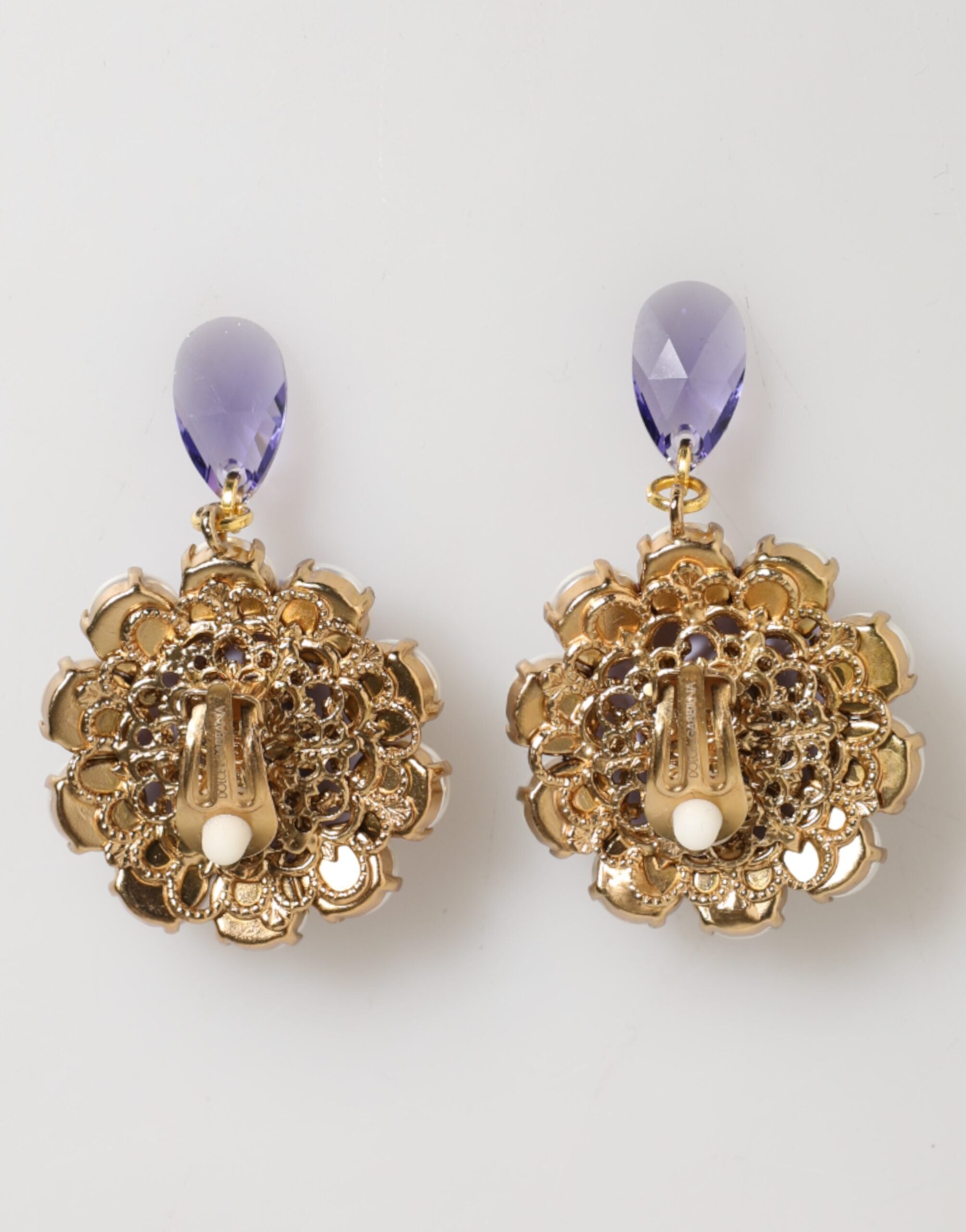 Dolce & Gabbana Purple Floral Crystal Pearl Drop Clip On Statement Earrings Glam Steals