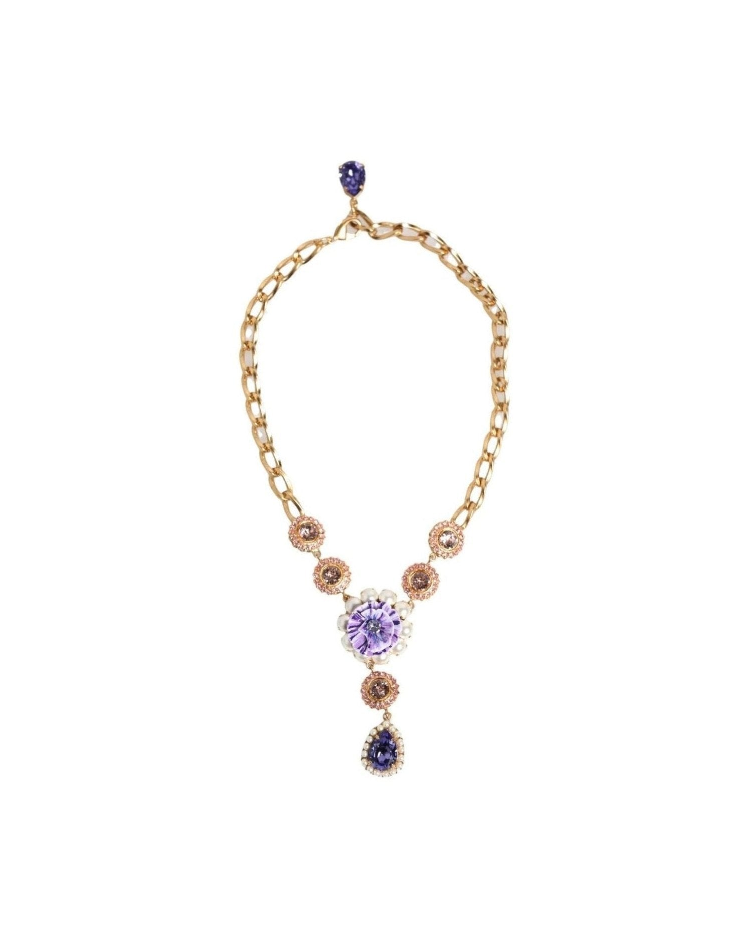 Dolce & Gabbana Purple Gold Brass Crystal Pearl Floral Pendant Jewelry Necklace Glam Steals