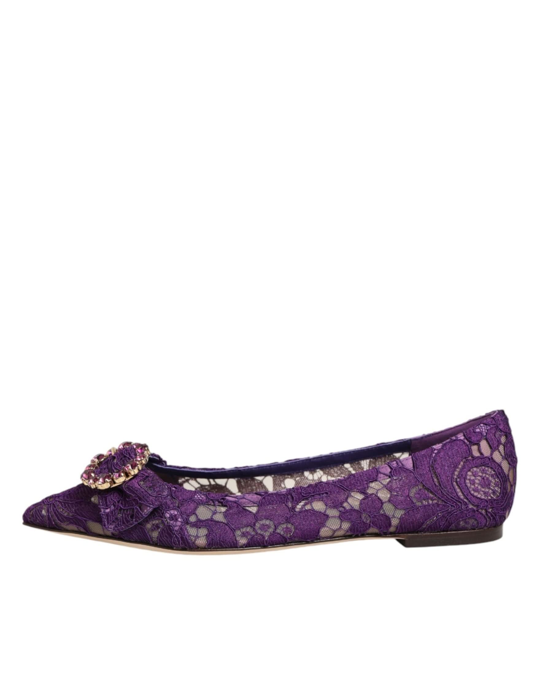 Dolce & Gabbana Purple Lace Taormina Crystals Flats Shoes Flats