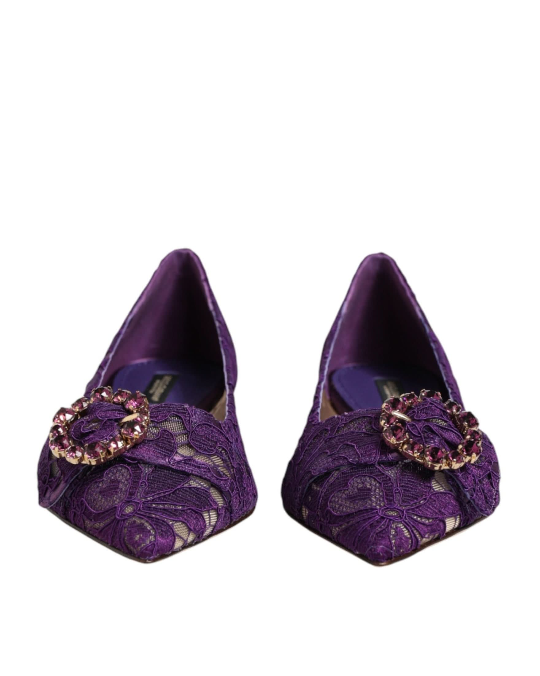Dolce & Gabbana Purple Lace Taormina Crystals Flats Shoes Flats