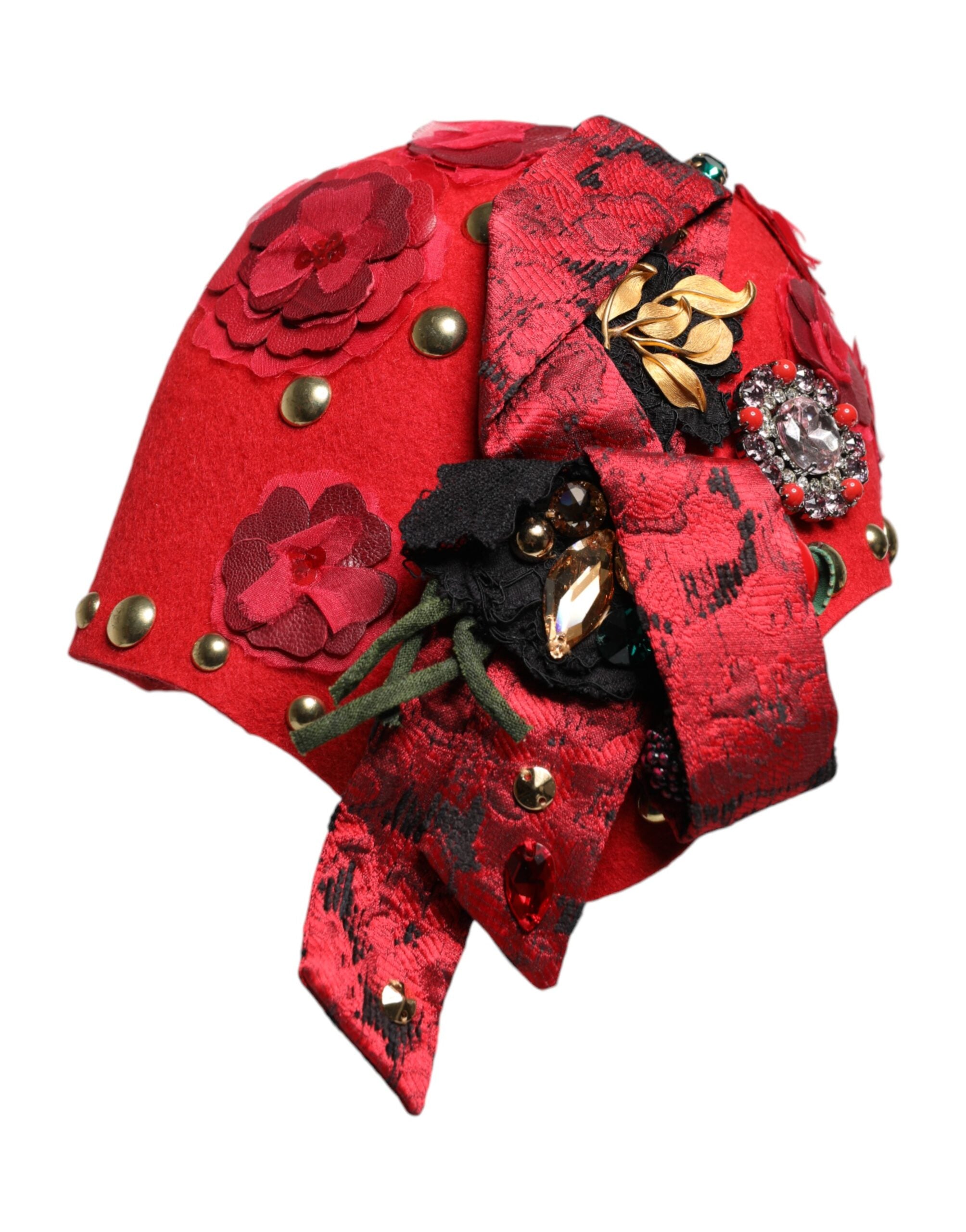 Dolce & Gabbana Red Crystal Gold Roses Brooch Embellished Hat Glam Steals