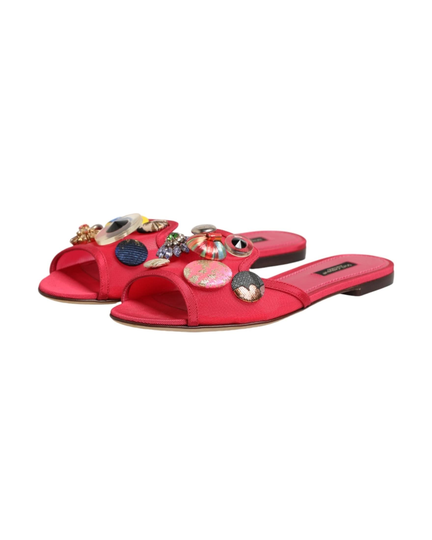 Dolce & Gabbana Red Embellished Flats Slip On Sandals Shoes Flats