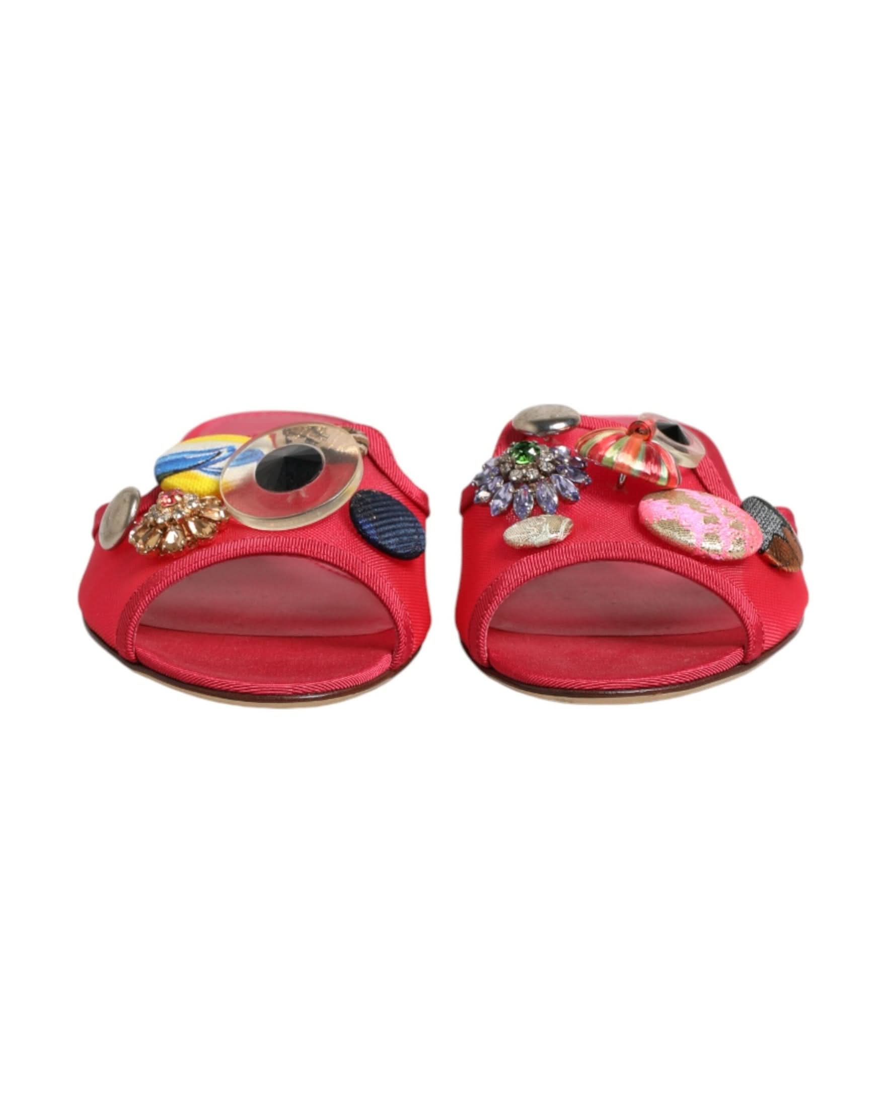 Dolce & Gabbana Red Embellished Flats Slip On Sandals Shoes Flats