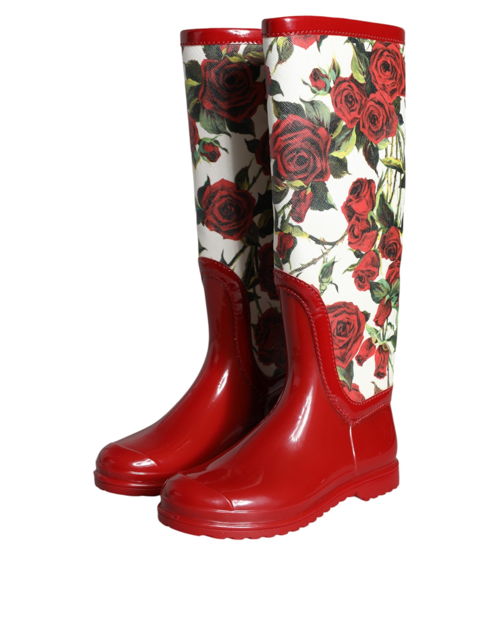 Dolce & Gabbana Red Floral Rubber Knee High Flat Boots Shoes Glam Steals