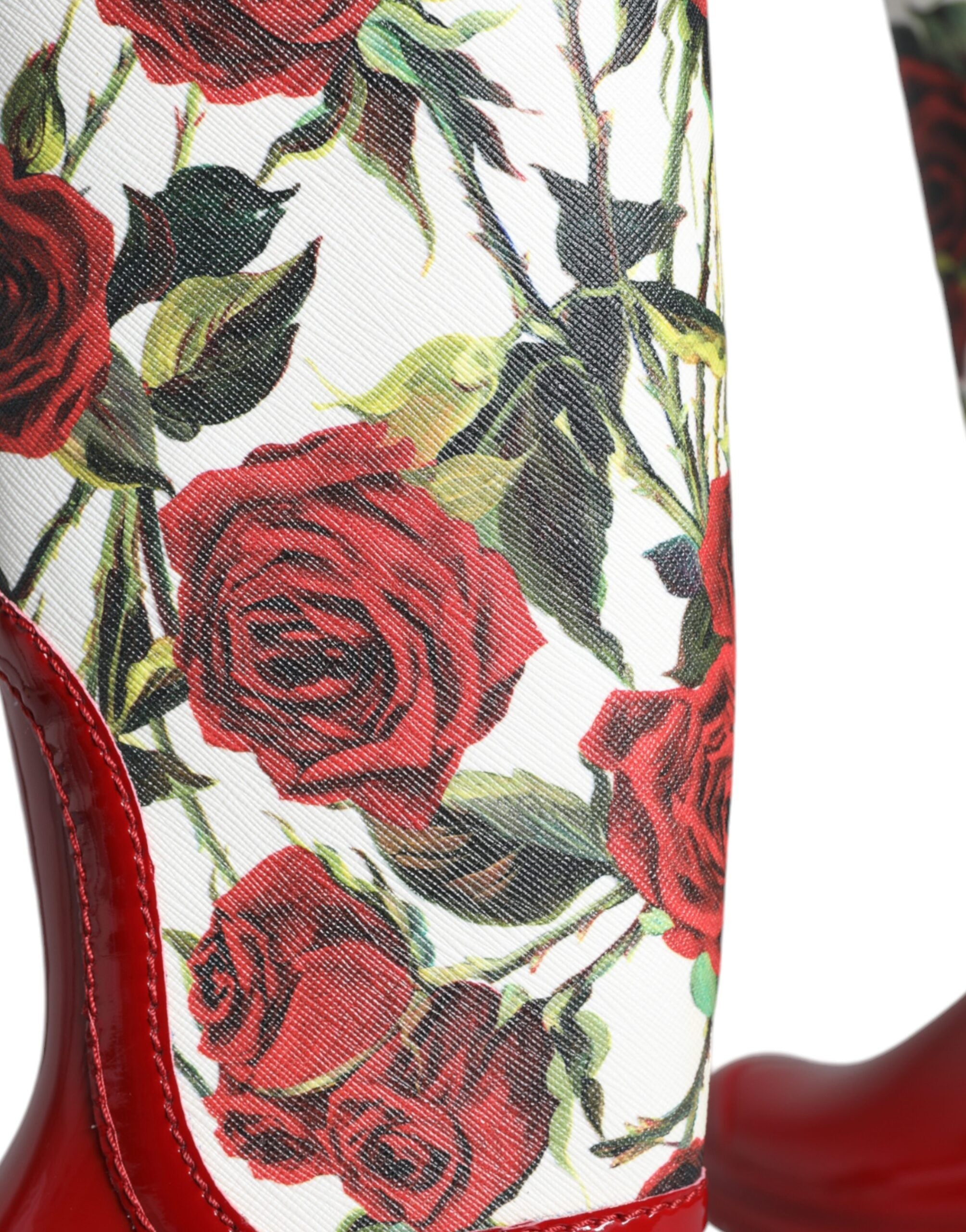 Dolce & Gabbana Red Floral Rubber Knee High Flat Boots Shoes Glam Steals