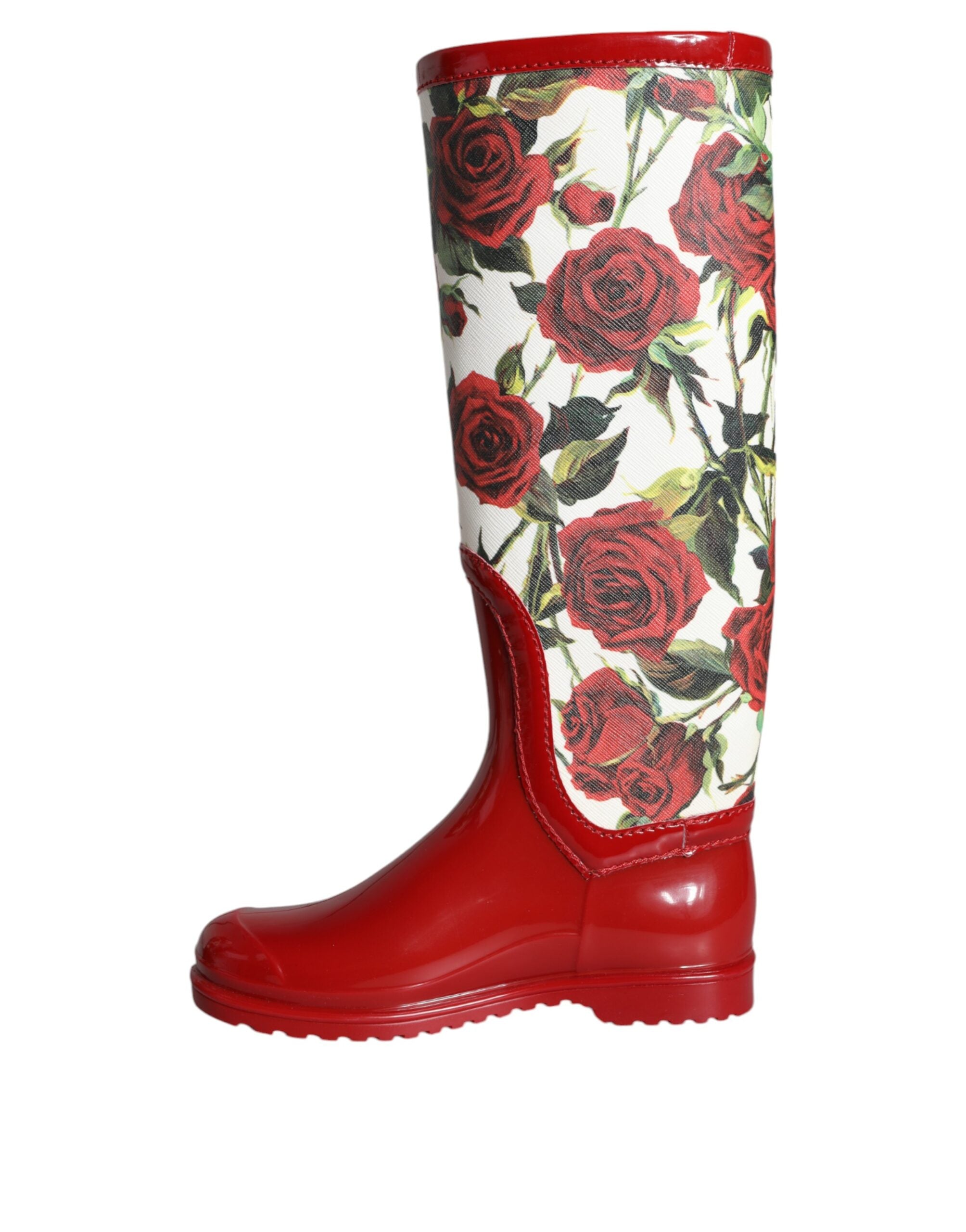 Dolce & Gabbana Red Floral Rubber Knee High Flat Boots Shoes Glam Steals