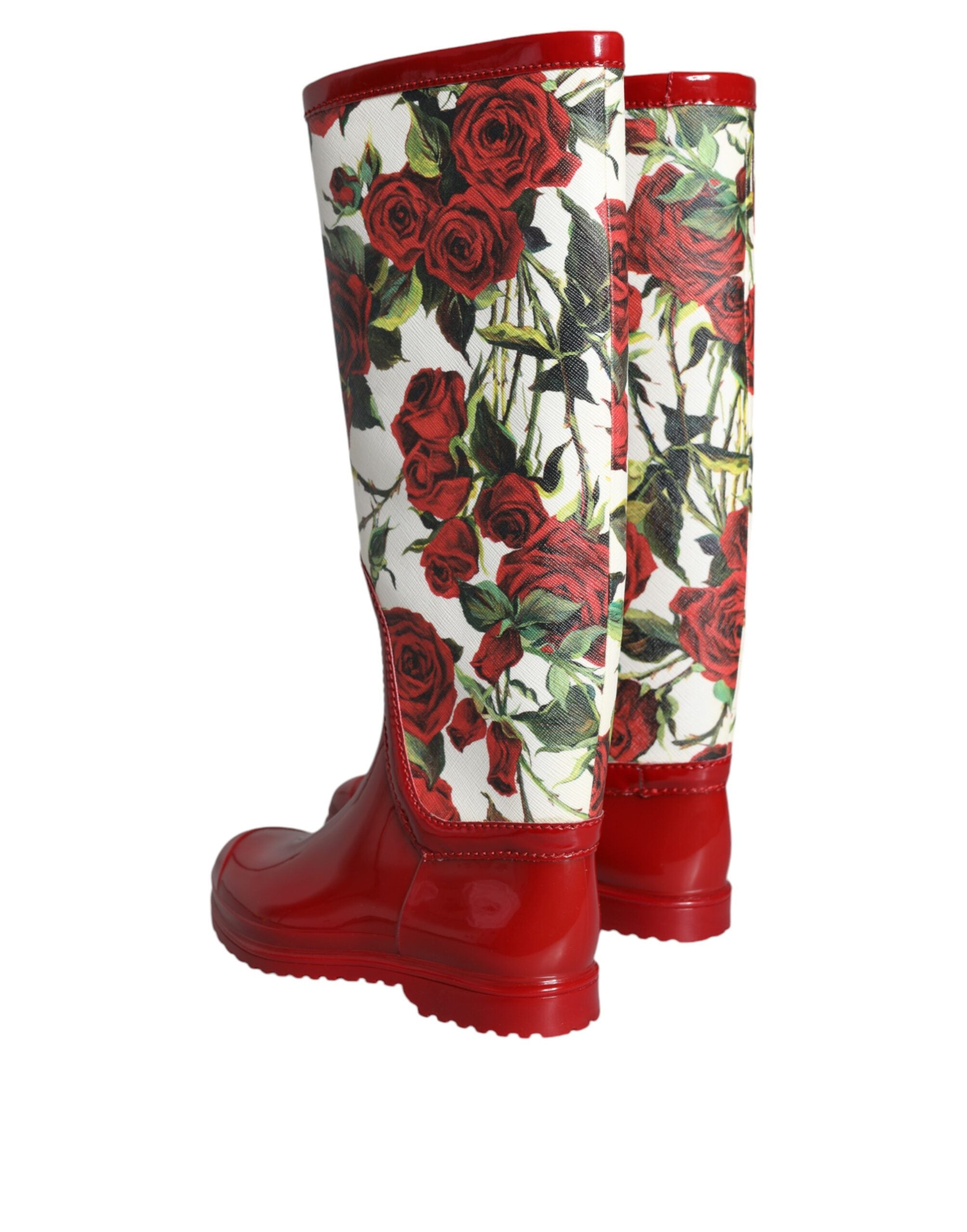 Dolce & Gabbana Red Floral Rubber Knee High Flat Boots Shoes Glam Steals