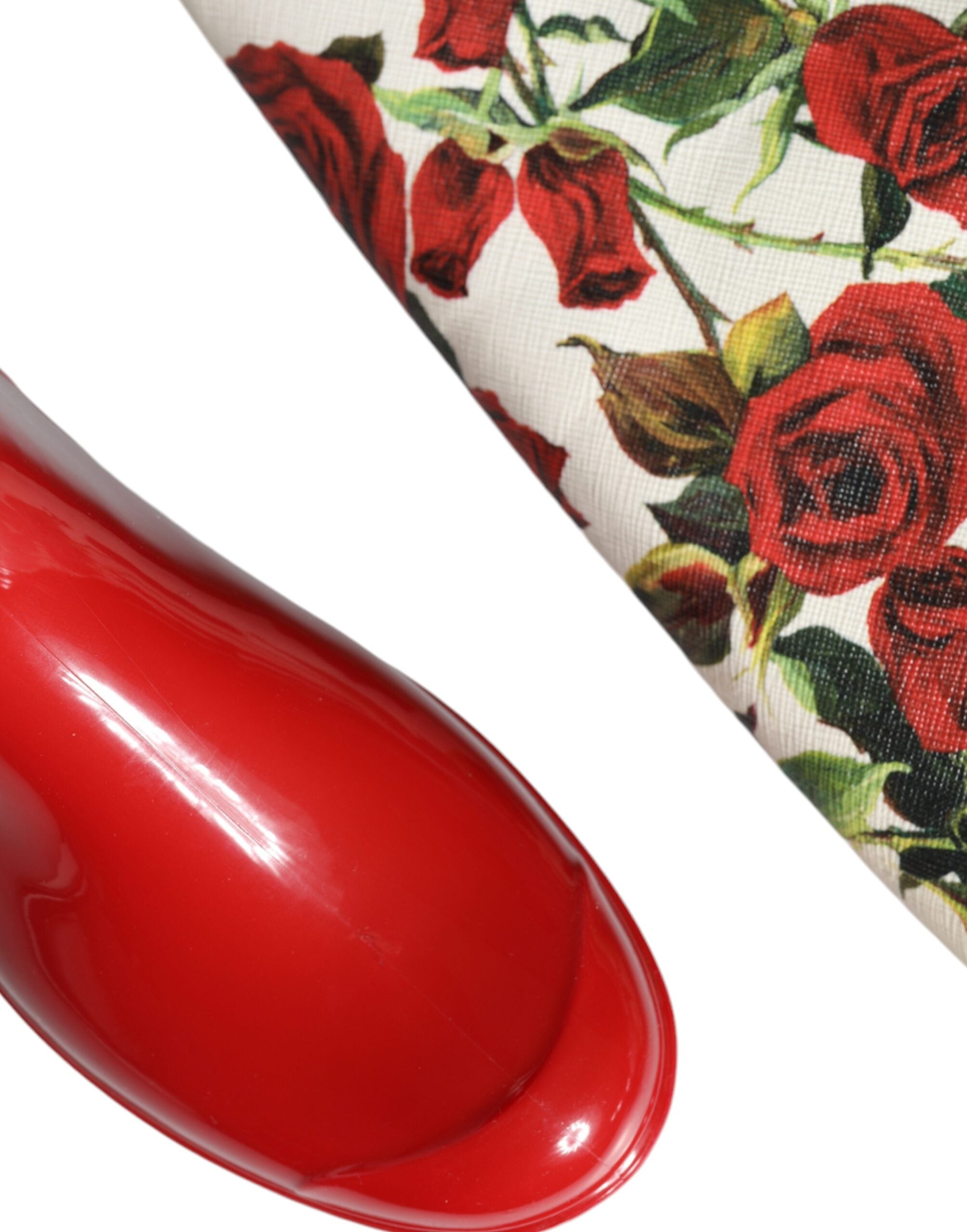 Dolce & Gabbana Red Floral Rubber Knee High Flat Boots Shoes Glam Steals