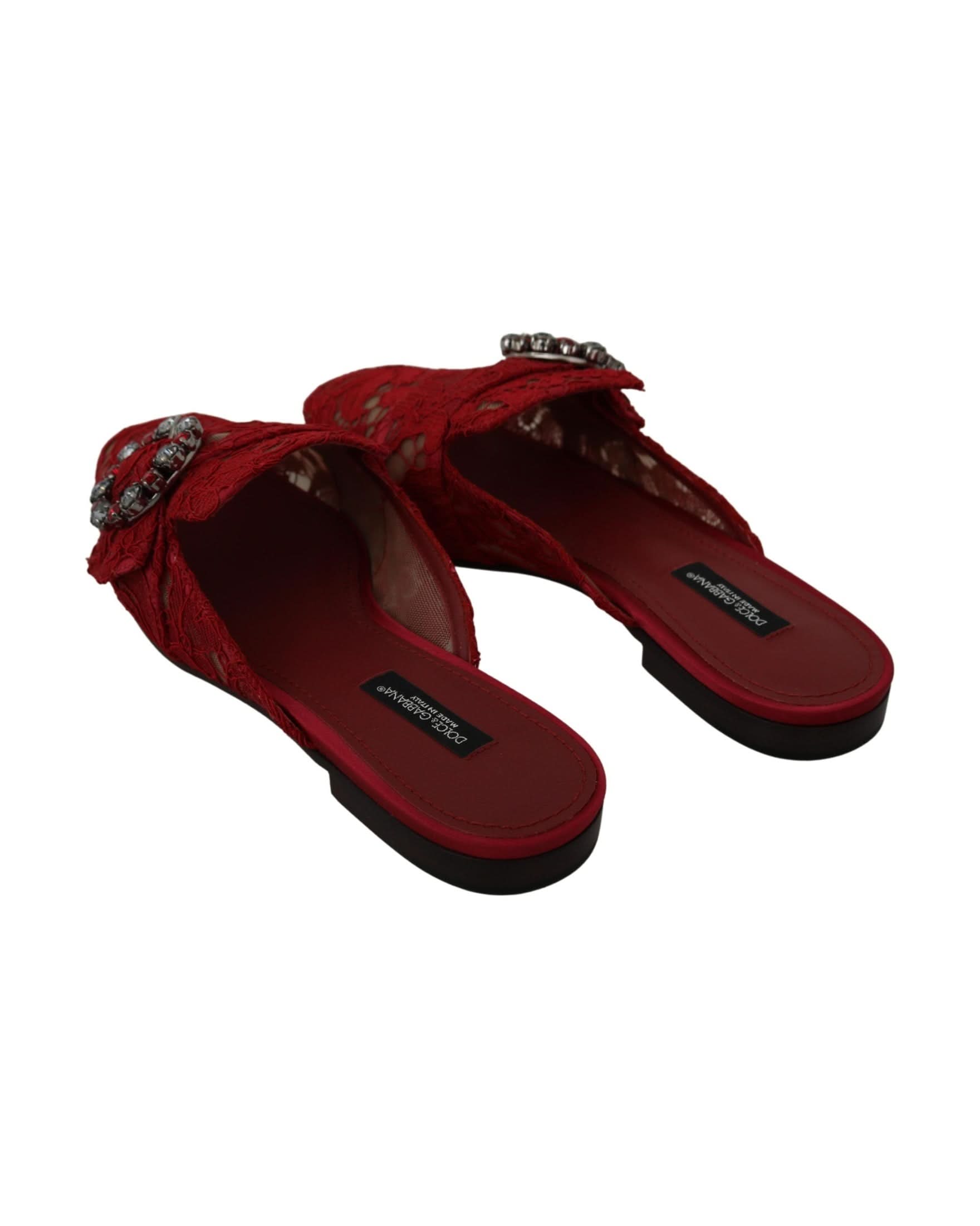 Dolce & Gabbana Red Lace Crystal Slide On Flats Shoes Flats