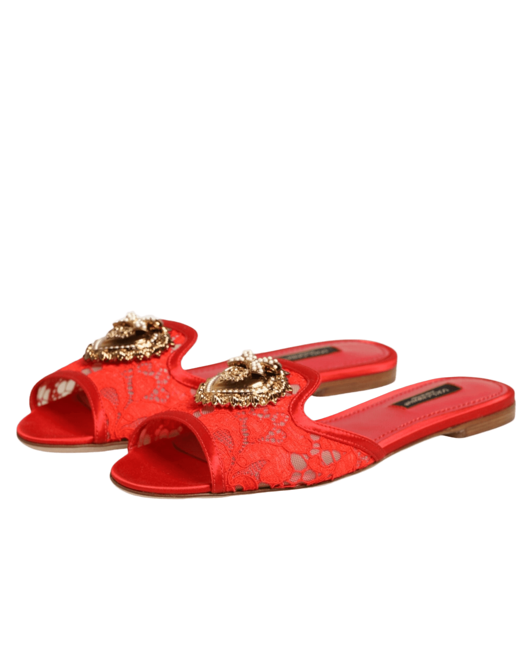 Dolce & Gabbana Red Lace Devotion Flats Slip On Sandals Shoes Sandals