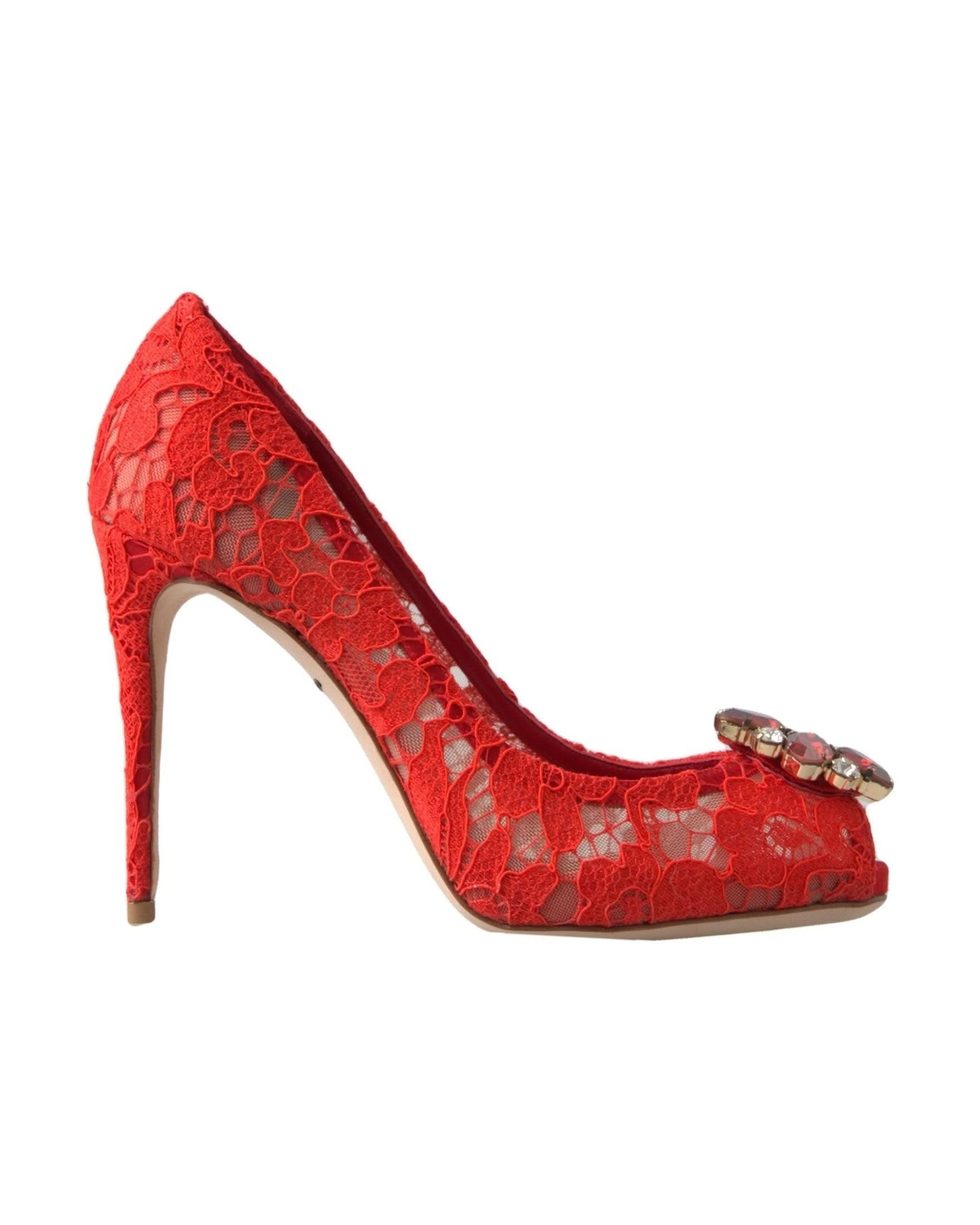 Dolce & Gabbana Red Lace Taormina Crystal Heels Pumps Shoes Heels
