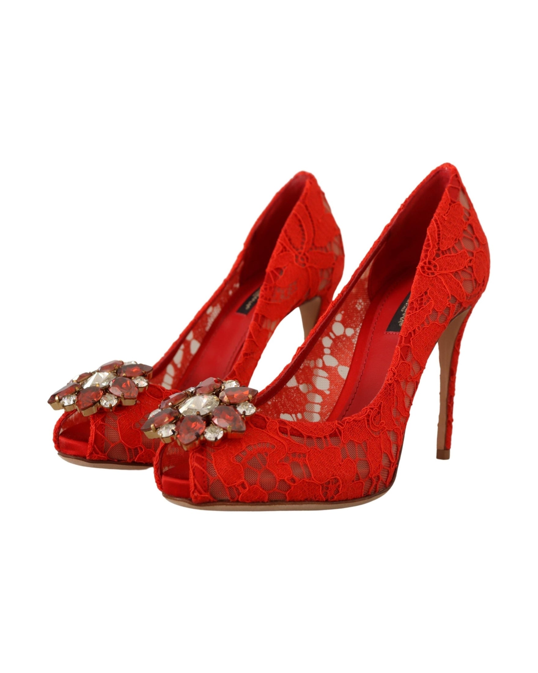 Dolce & Gabbana Red Lace Taormina Crystal Heels Pumps Glam Steals