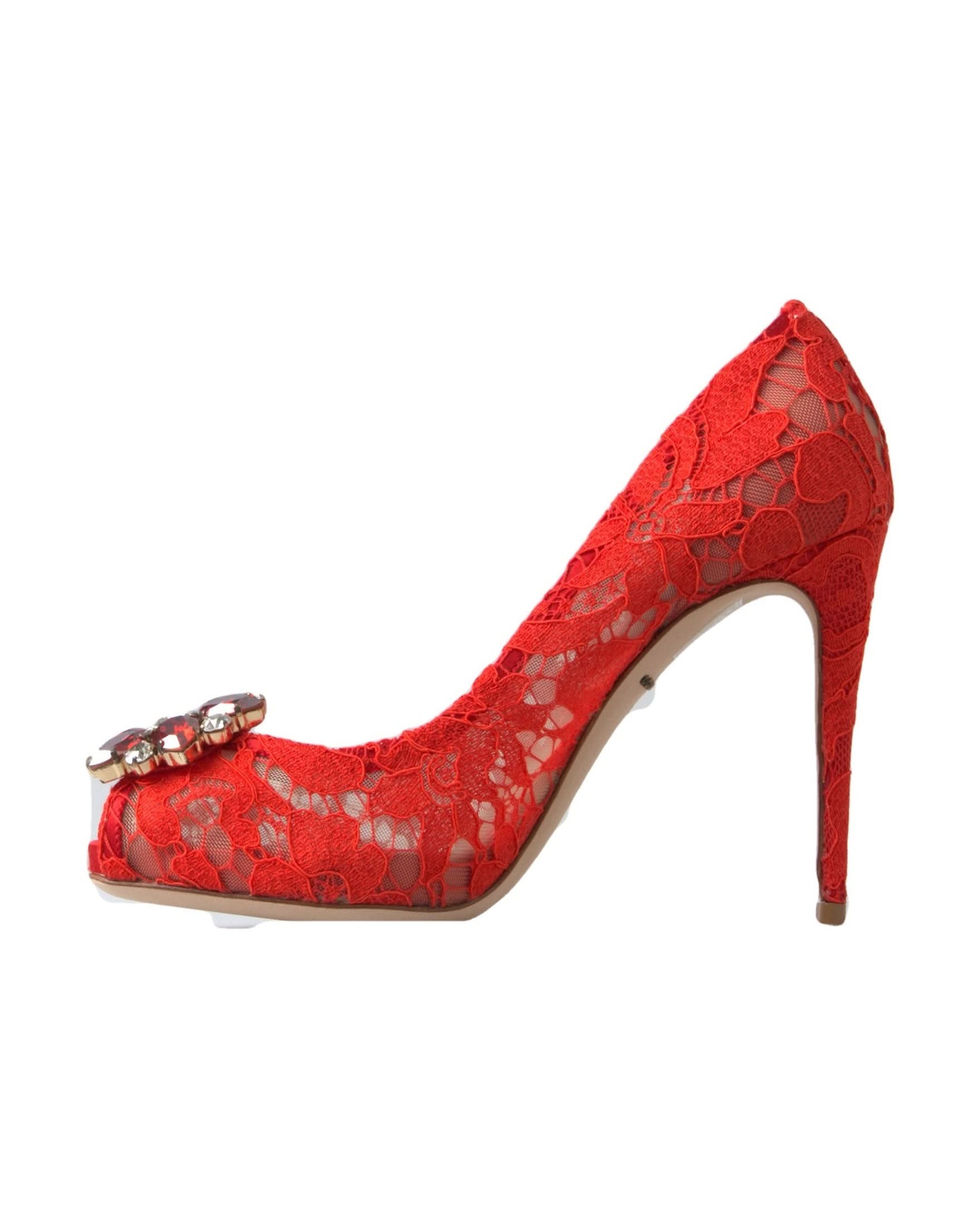 Dolce & Gabbana Red Lace Taormina Crystal Heels Pumps Shoes Heels