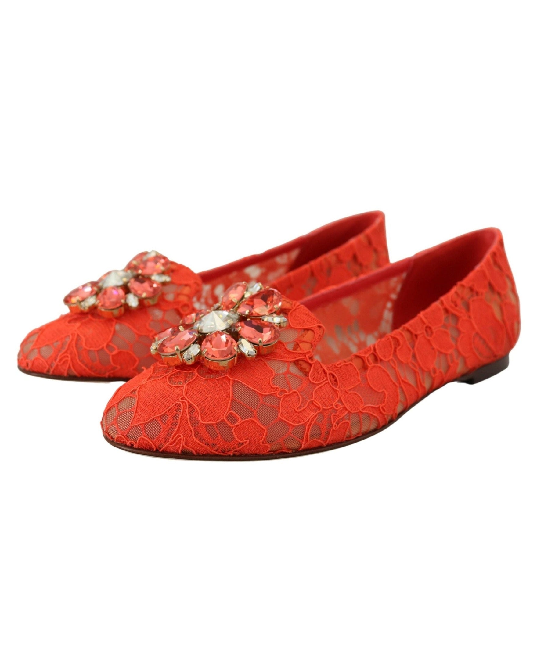 Dolce & Gabbana Red Lace Taormina Crystals Ballet Flats Flats