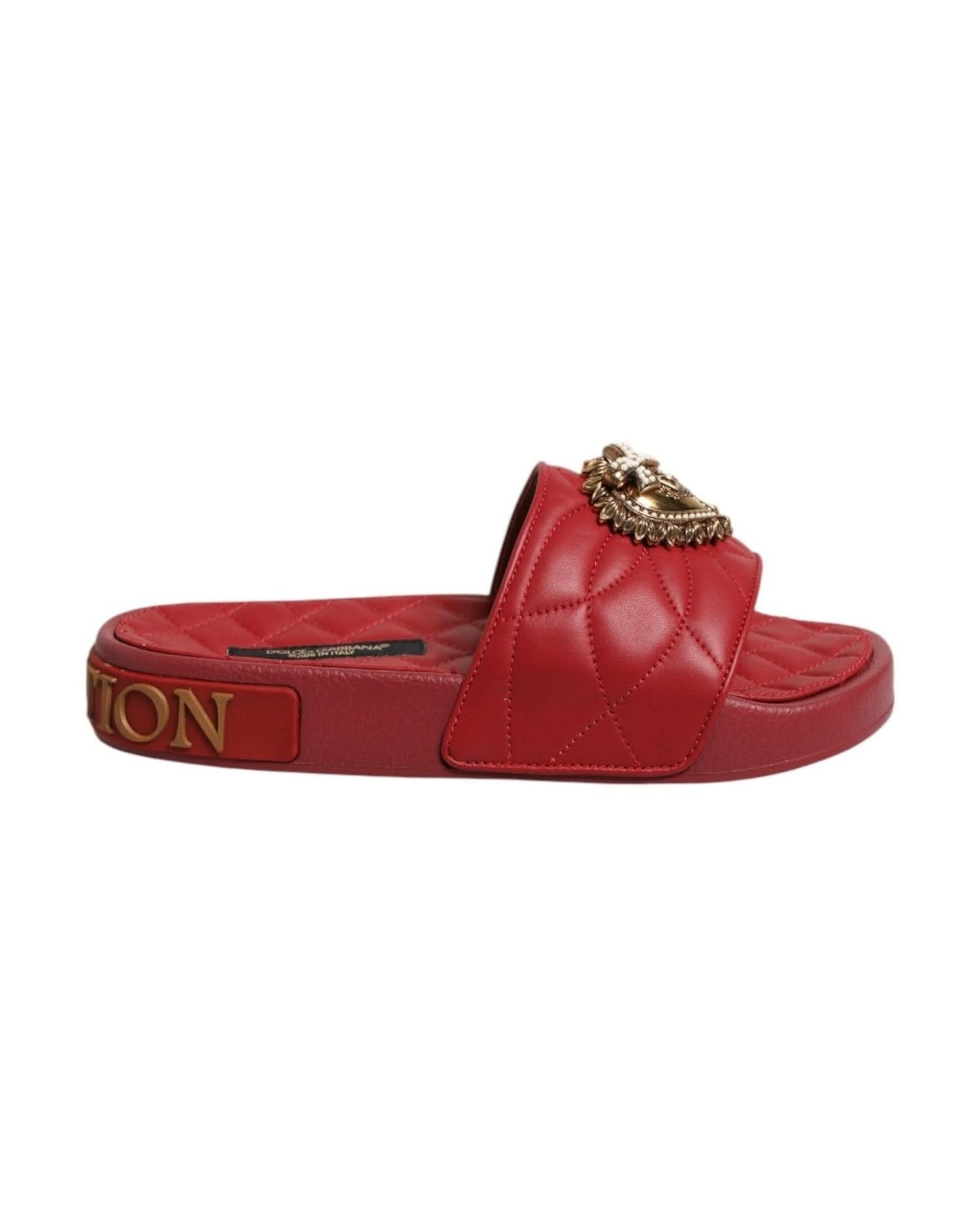 Dolce & Gabbana Red Leather Devotion Matelassé Slides Shoes Sandals
