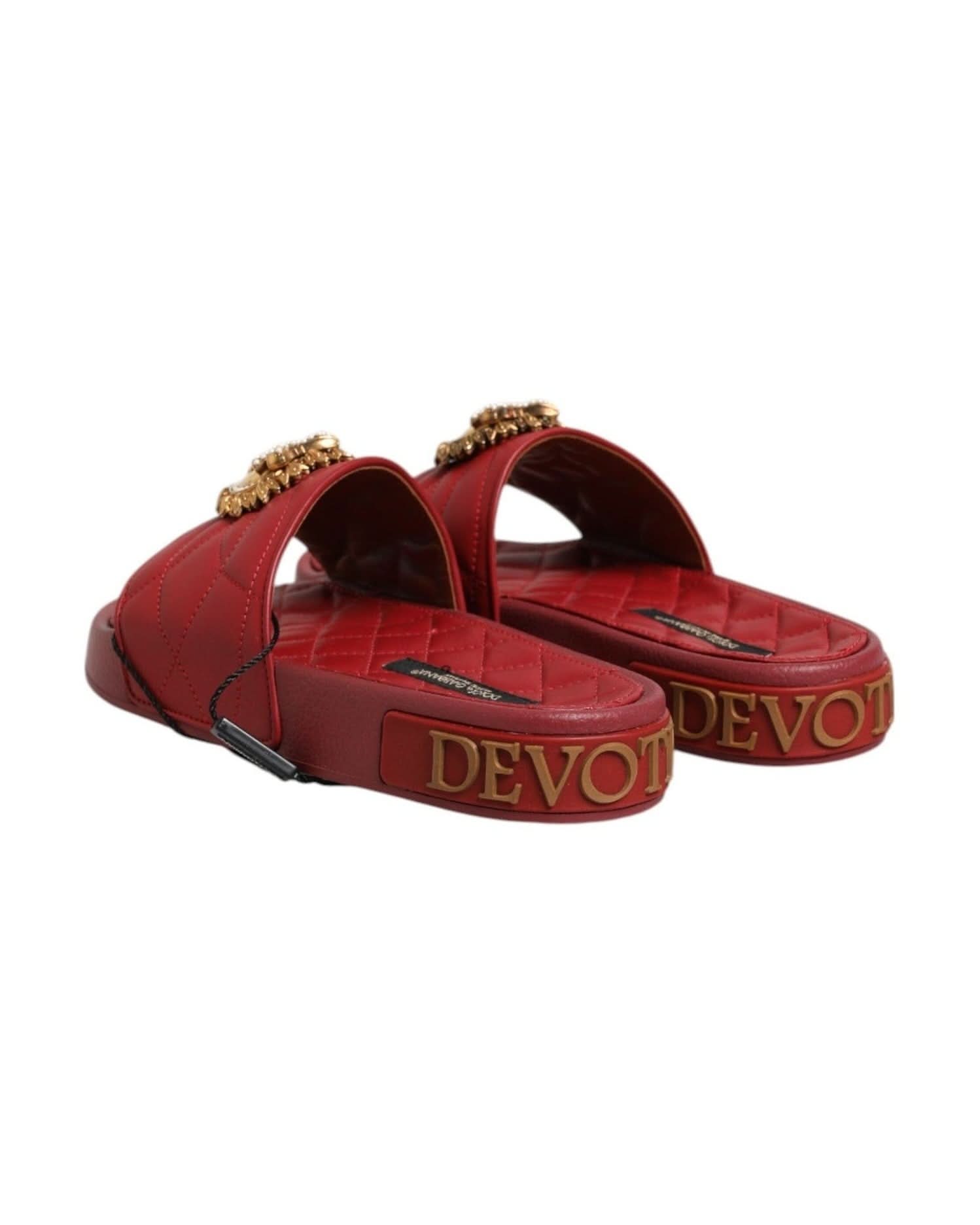 Dolce & Gabbana Red Leather Devotion Matelassé Slides Shoes Sandals