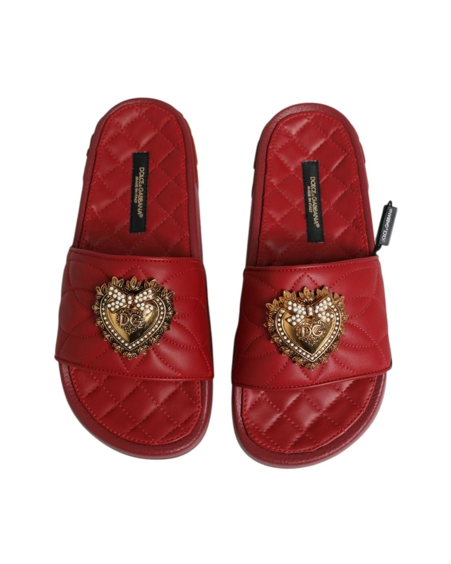 Dolce & Gabbana Red Leather Devotion Matelassé Slides Shoes Sandals