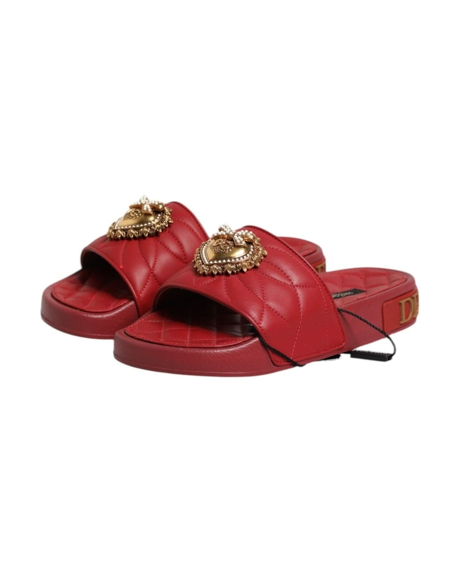 Dolce & Gabbana Red Leather Devotion Matelassé Slides Shoes Sandals