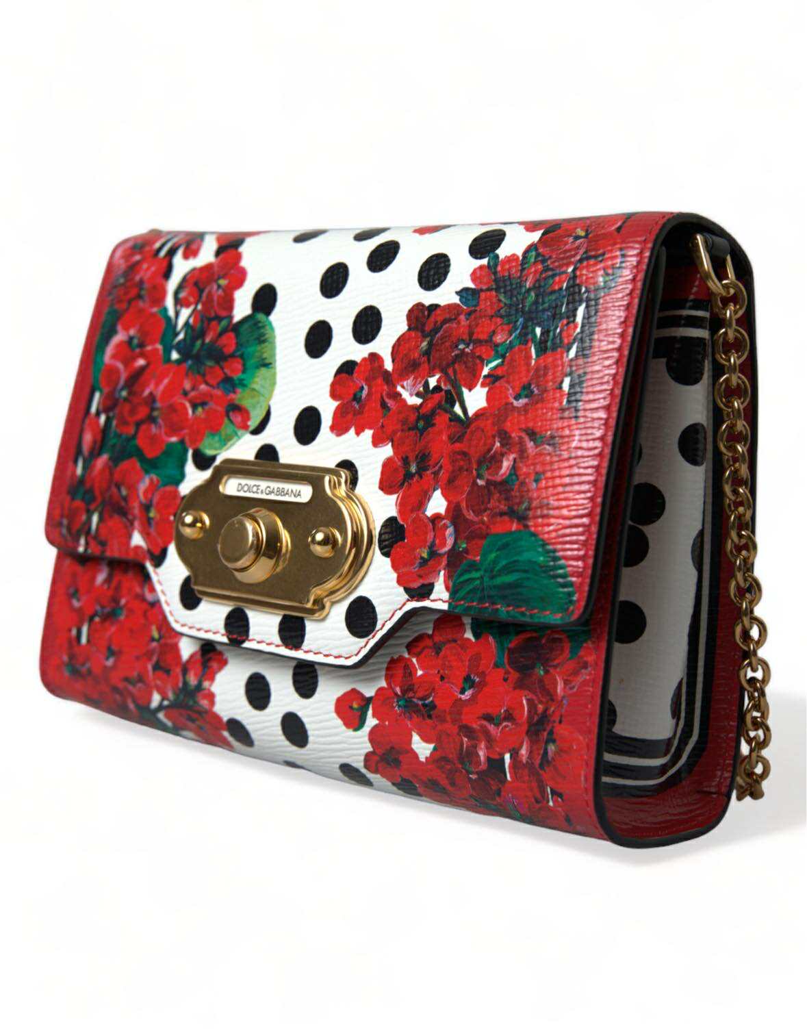 Dolce & Gabbana Red Leather Floral Polka Dot Print Chain Dg Logo Shoulder Bag Glam Steals