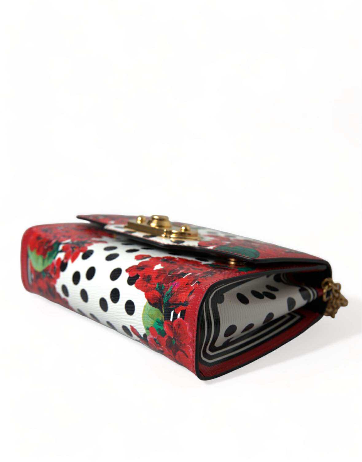 Dolce & Gabbana Red Leather Floral Polka Dot Print Chain Dg Logo Shoulder Bag Glam Steals