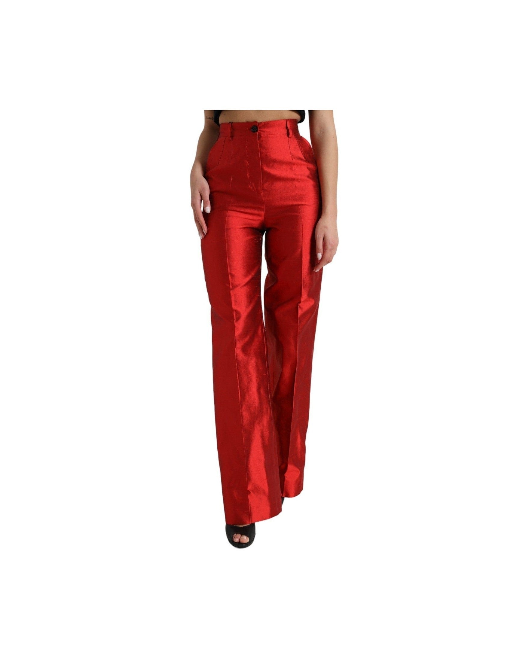 Dolce & Gabbana Red Satin Silk High Waist Wide Leg Pant
