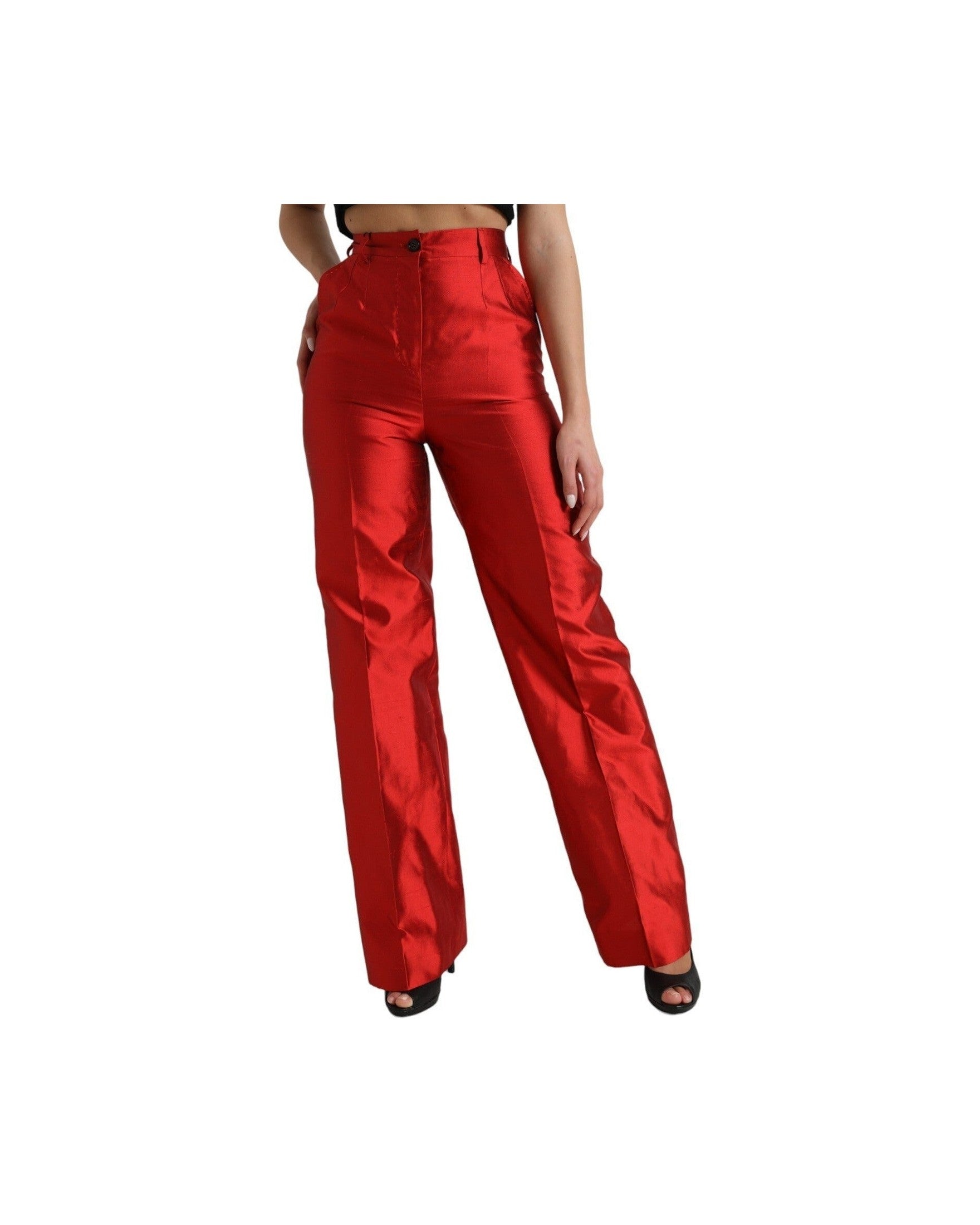 Dolce & Gabbana Red Satin Silk High Waist Wide Leg Pant