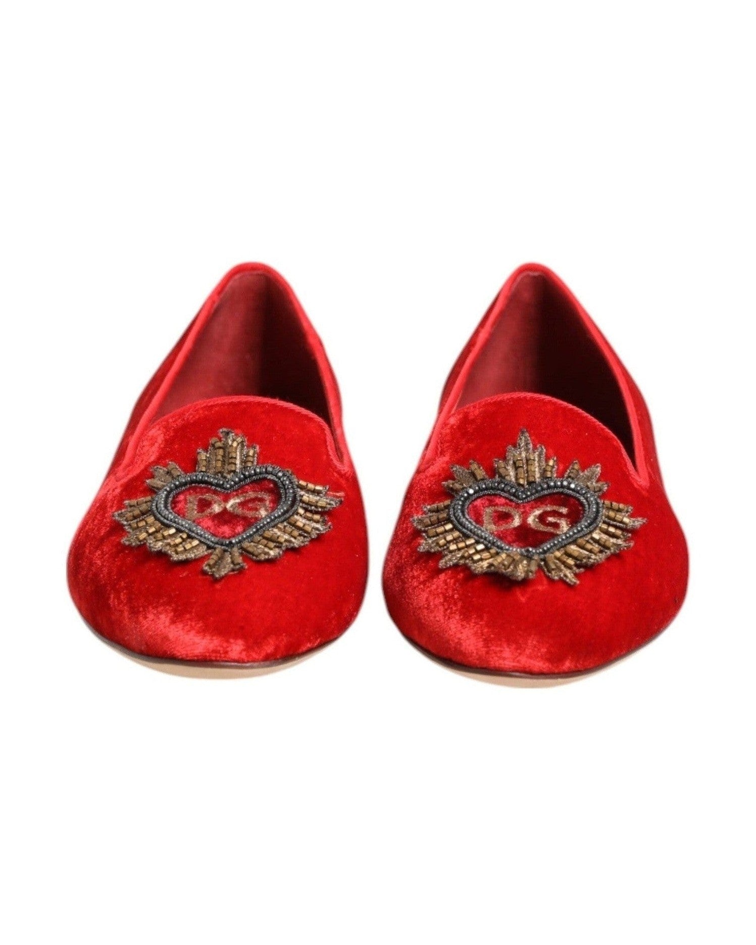 Dolce & Gabbana Red Velvet Dg Heart Loafers Flat Shoes Shoes