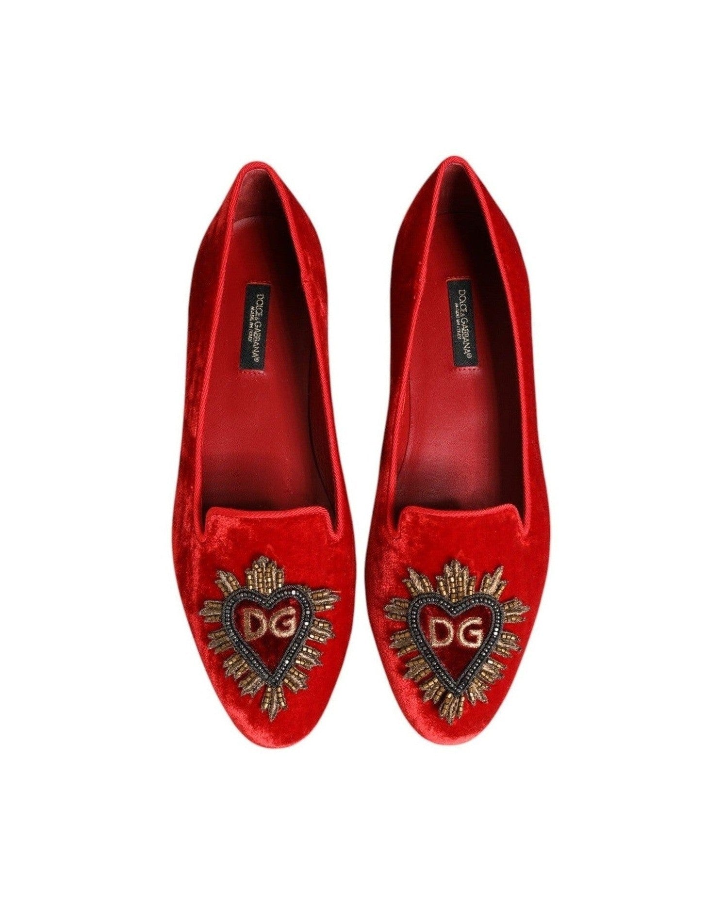 Dolce & Gabbana Red Velvet Dg Heart Loafers Flat Shoes Shoes