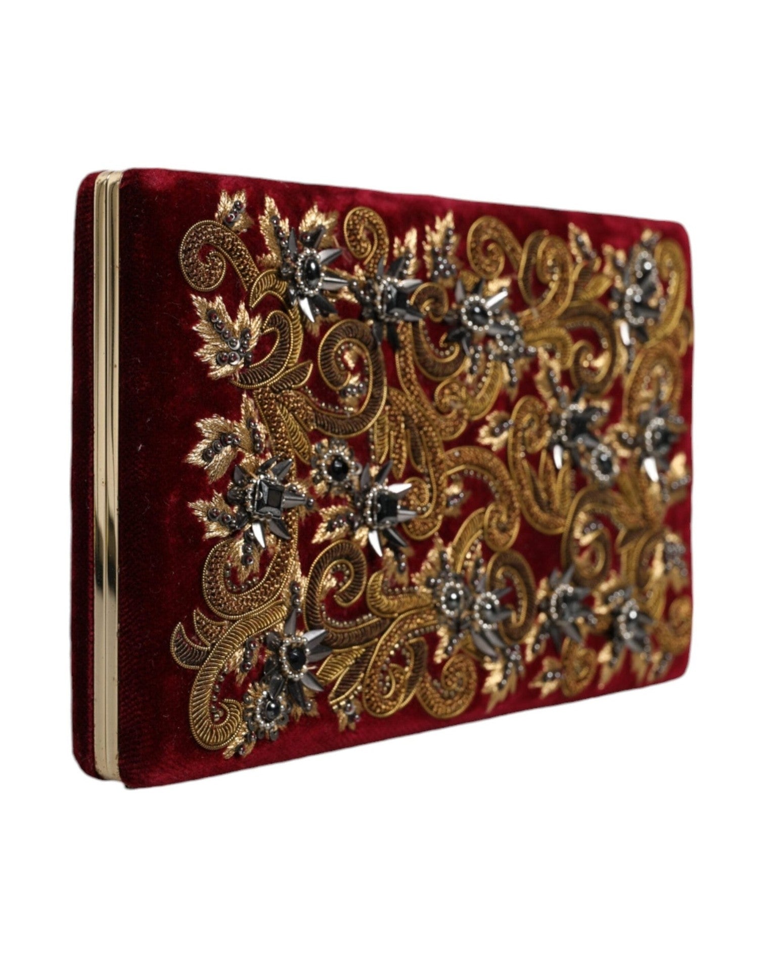 Dolce & Gabbana Velvet Frame Clutch Evening Party Purse Red Gold Bag Glam Steals
