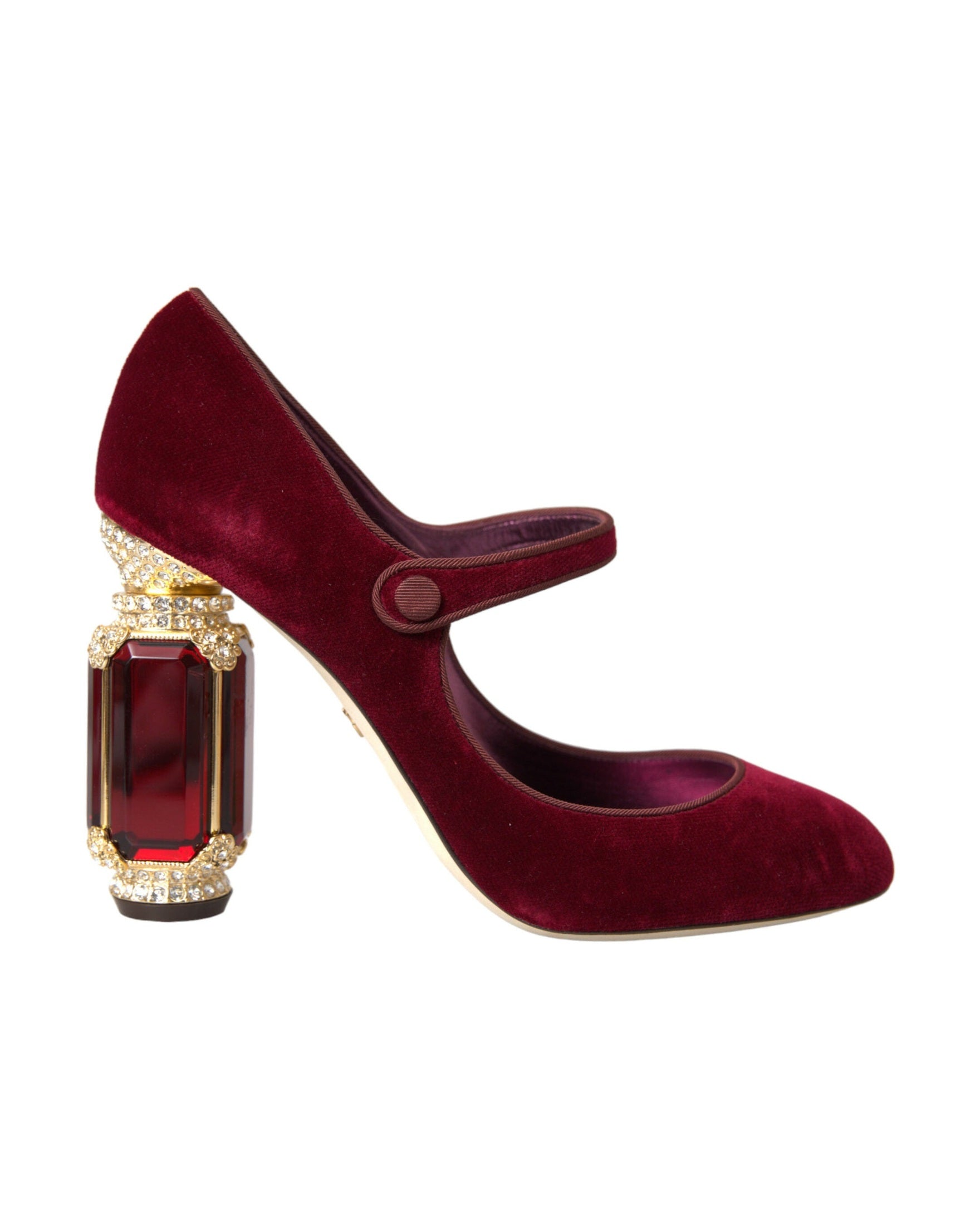 Dolce & Gabbana Red Velvet Gold Crystals Heels Mary Jane Shoes Heels
