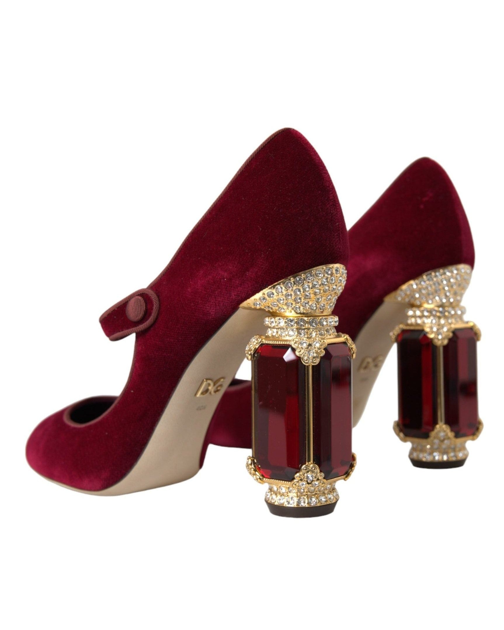 Dolce & Gabbana Red Velvet Gold Crystals Heels Mary Jane Shoes Heels
