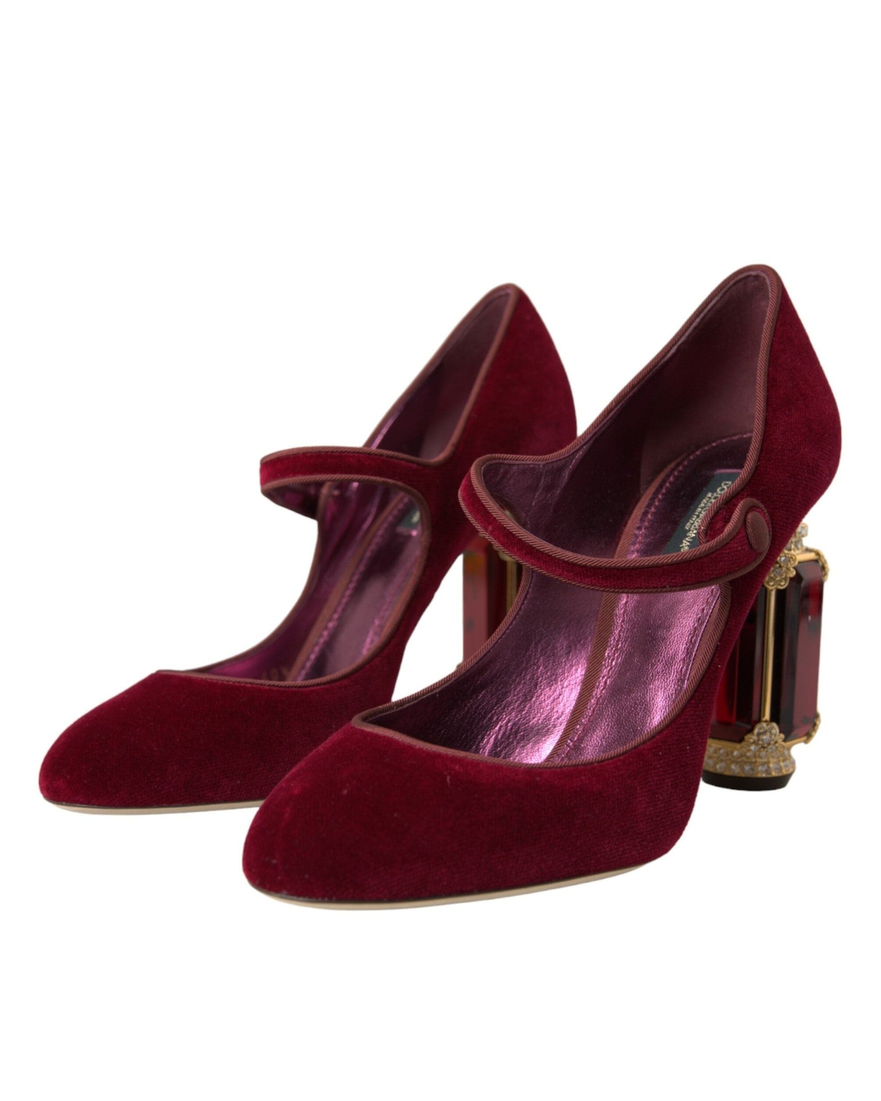 Dolce & Gabbana Red Velvet Gold Crystals Heels Mary Jane Shoes Heels