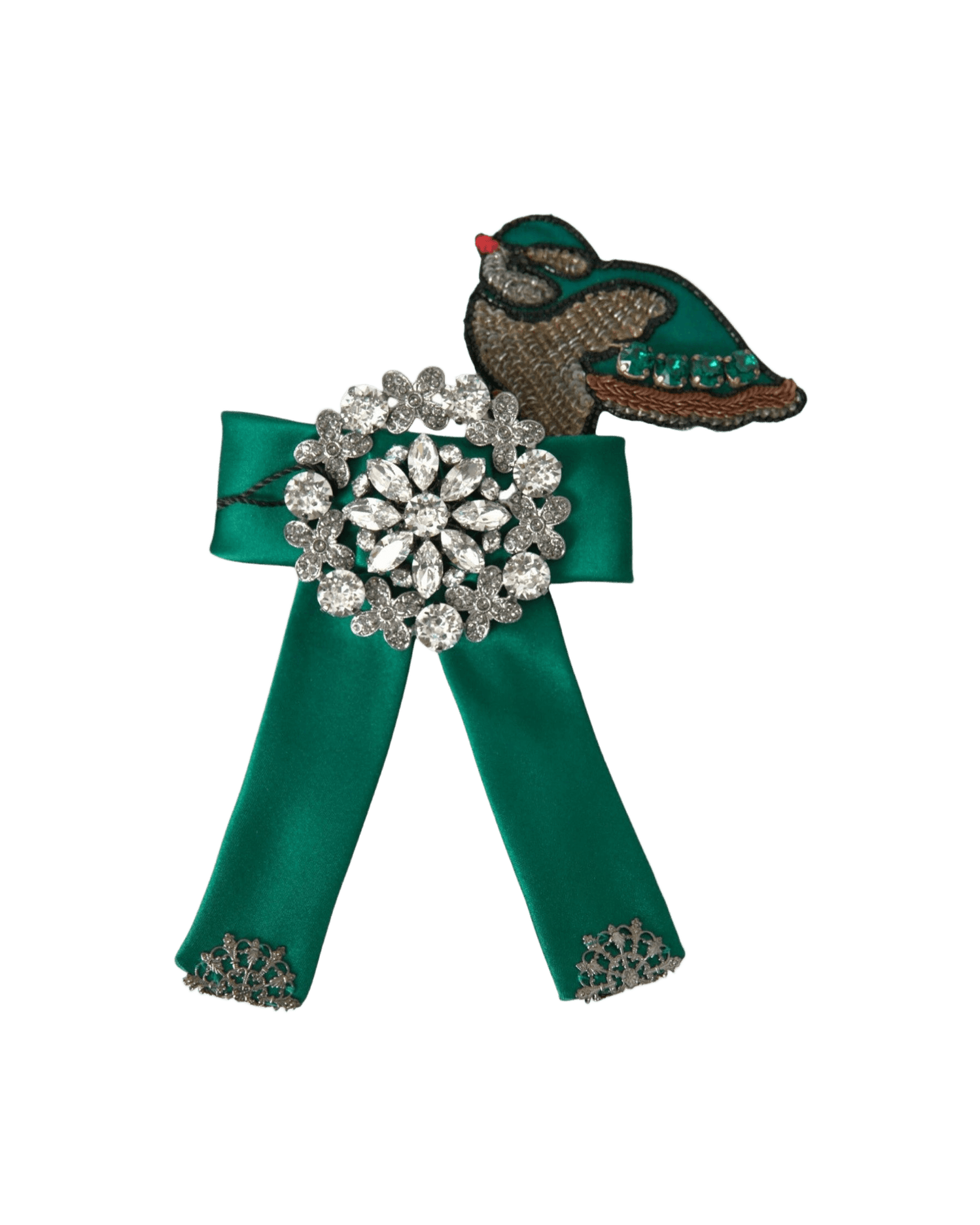 Dolce & Gabbana Green Satin Bird Crystal Women Hair Clip Hair Pins, Claws & Clips