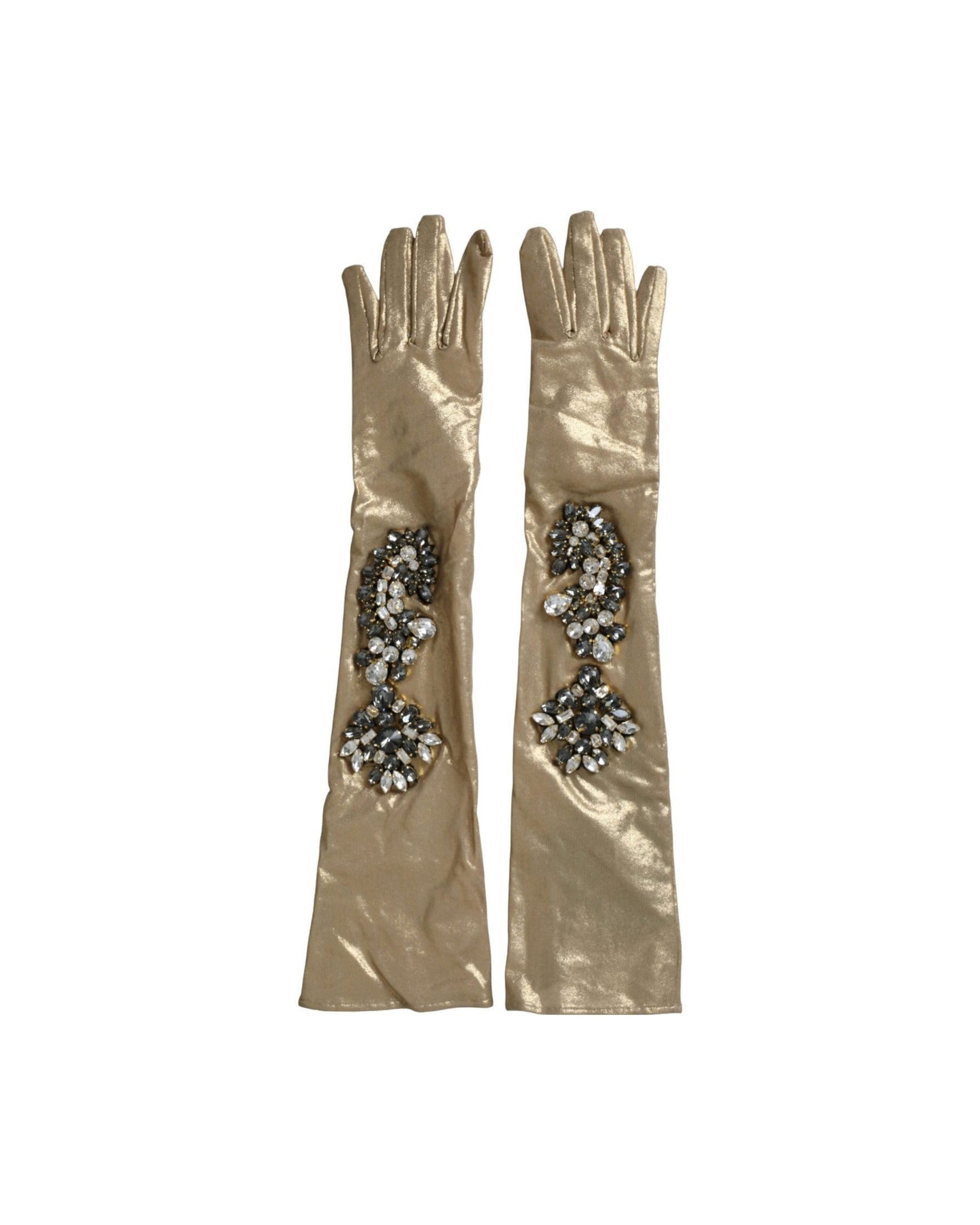Dolce & Gabbana Satin Crystal Elbow Length Beige Gloves Glam Steals