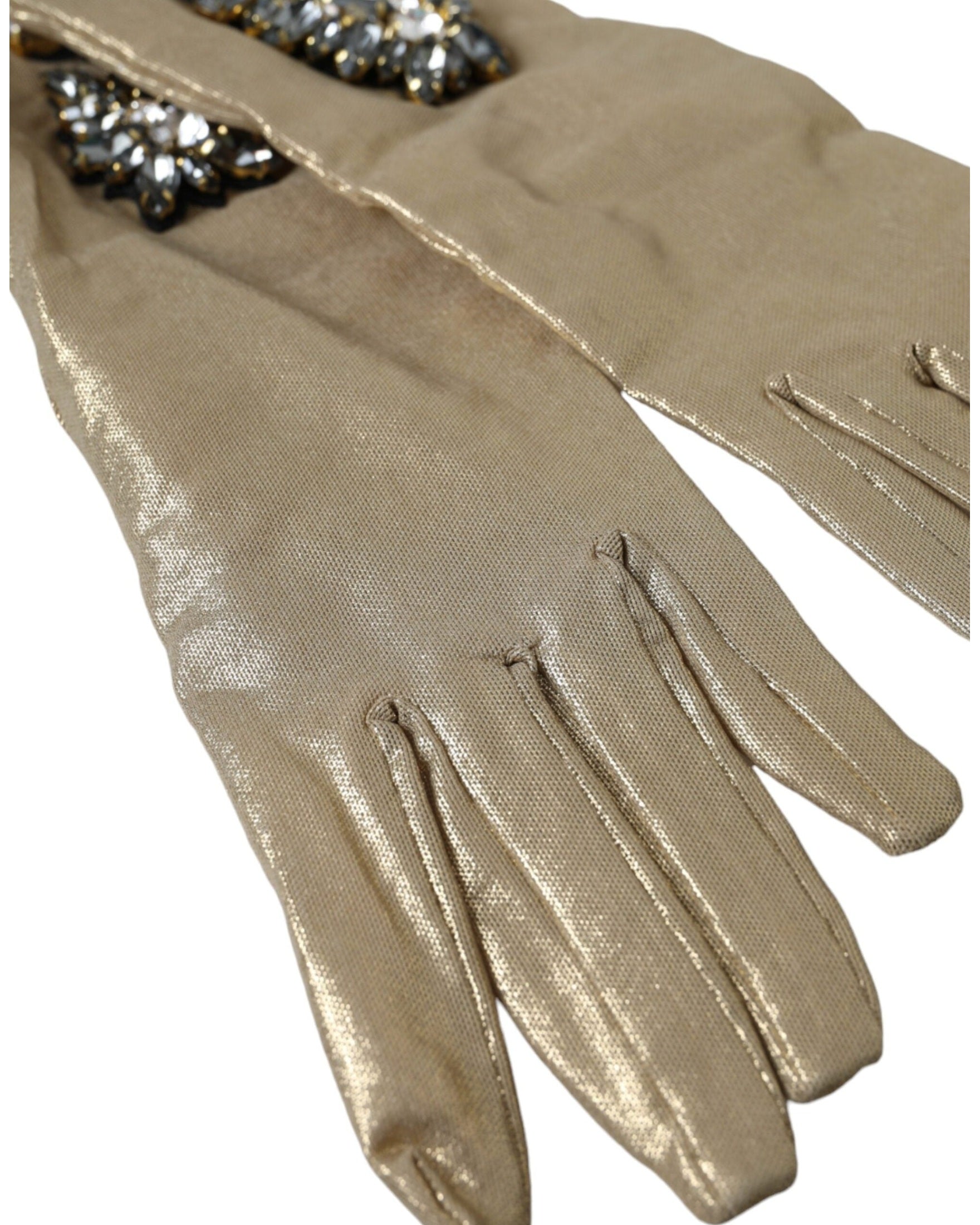 Dolce & Gabbana Satin Crystal Elbow Length Beige Gloves Glam Steals