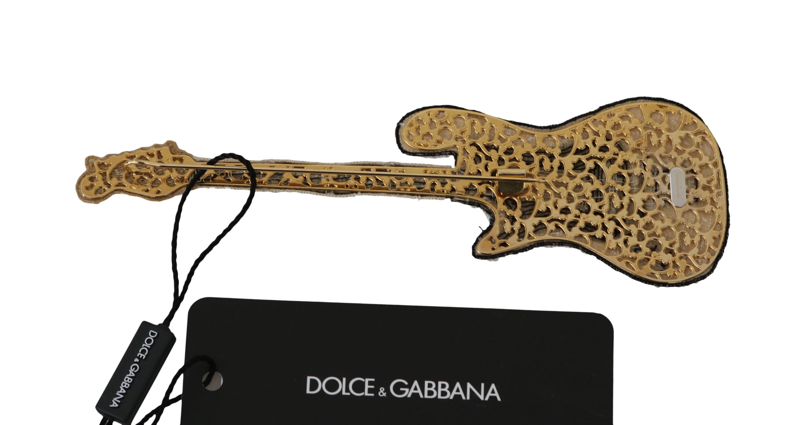 Dolce & Gabbana Sequined Guitar Pin Gold Brooch Glam Steals