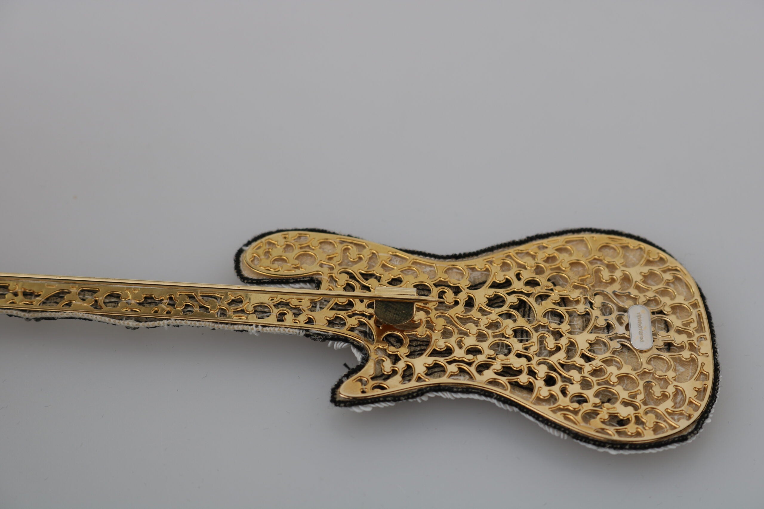 Dolce & Gabbana Sequined Guitar Pin Gold Brooch Glam Steals