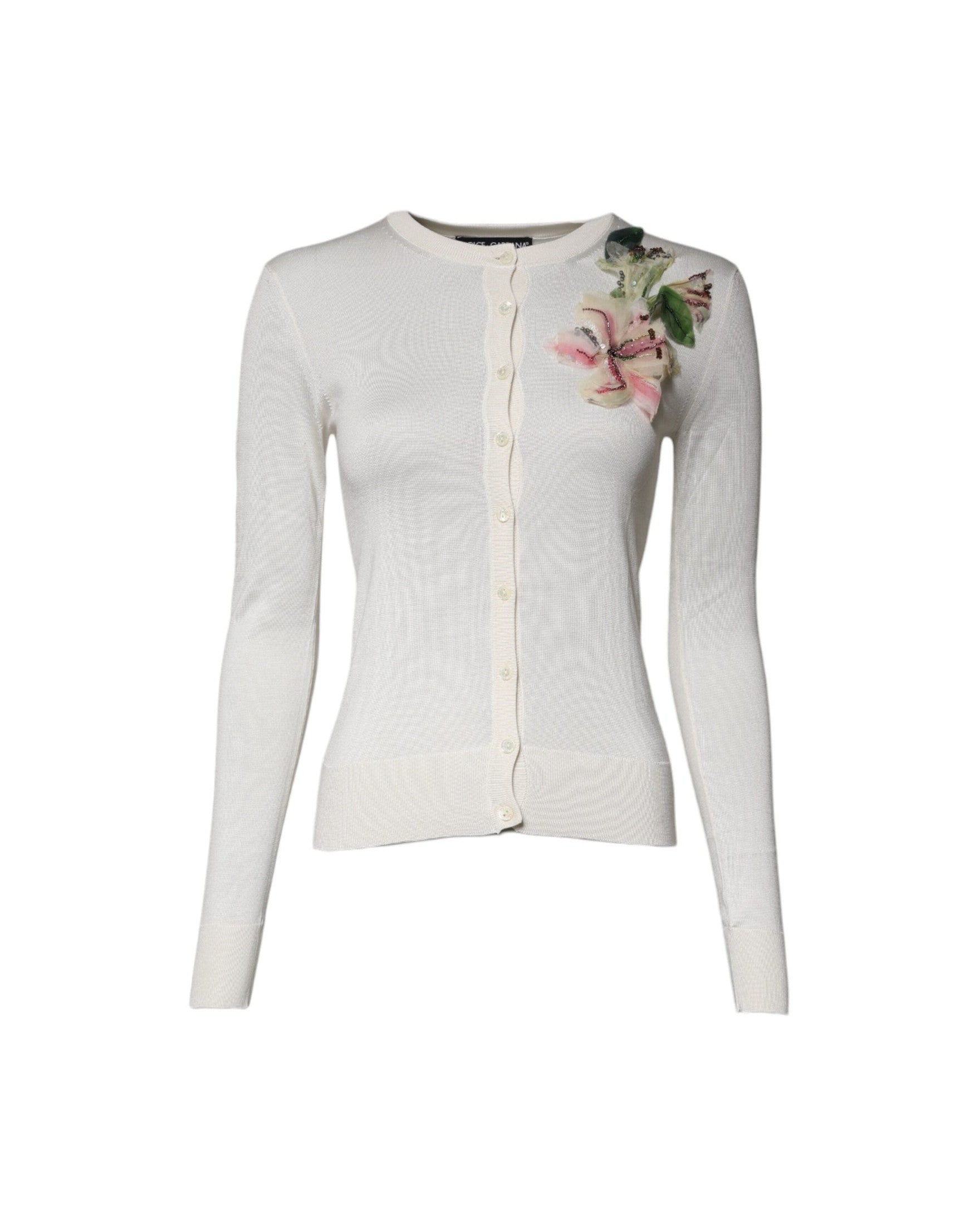 Dolce & Gabbana Silk Cream Floral Embellished Cardigan Sweater Cardigans