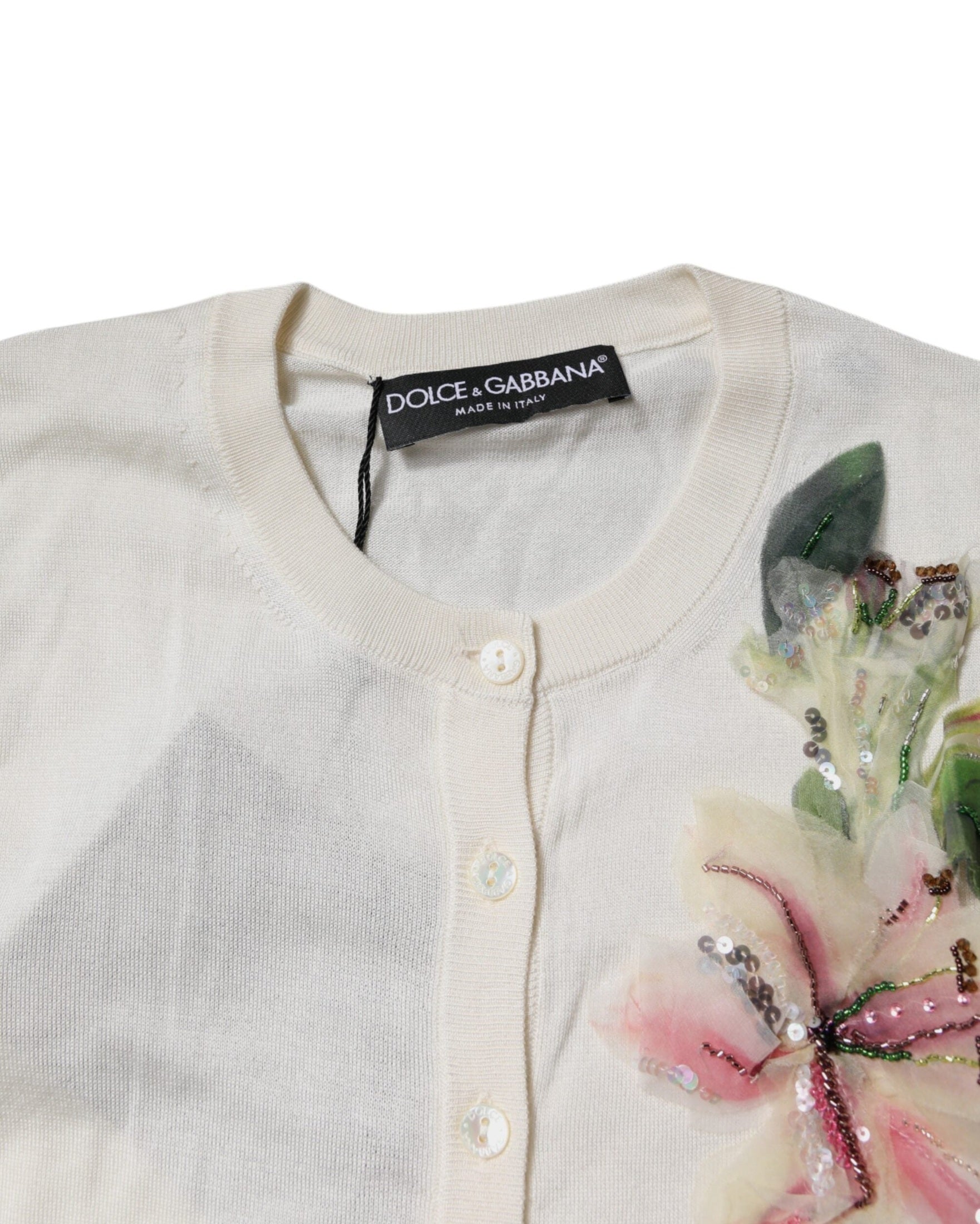Dolce & Gabbana Silk Cream Floral Embellished Cardigan Sweater Glam Steals