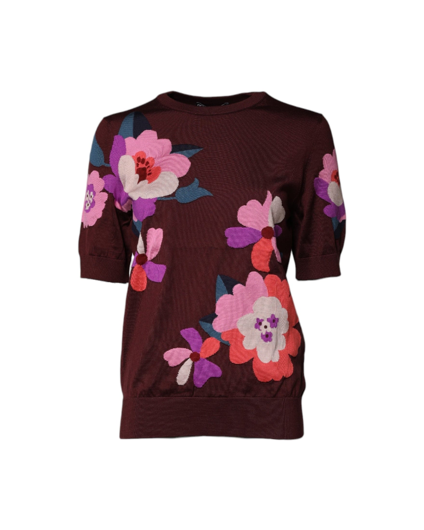 Dolce & Gabbana Silk Maroon Floral Crew Neck Blouse Top Glam Steals